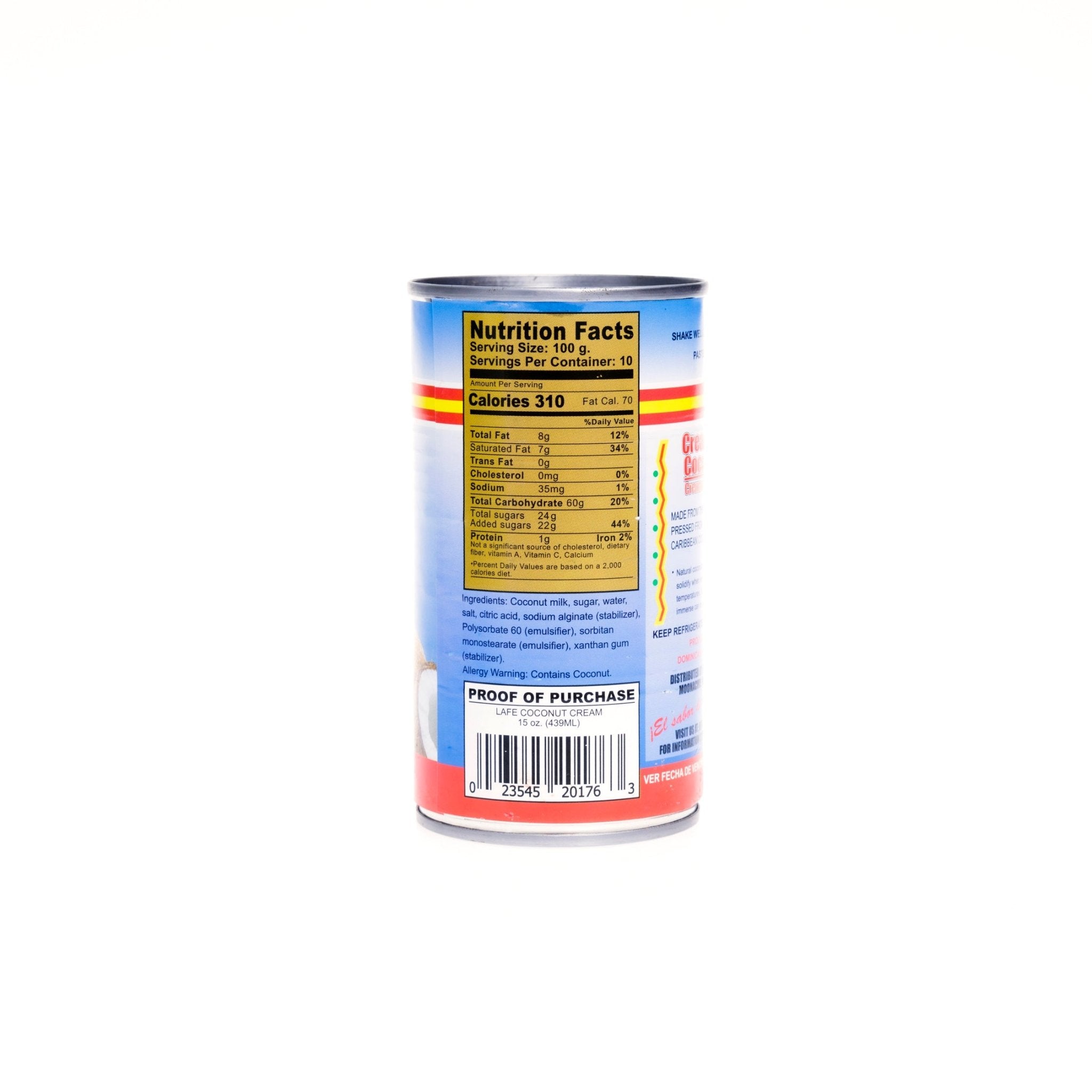 Nutrition facts for LA FE COCO CREAM can, showcasing creamy, quality ingredients for authentic Latin food.