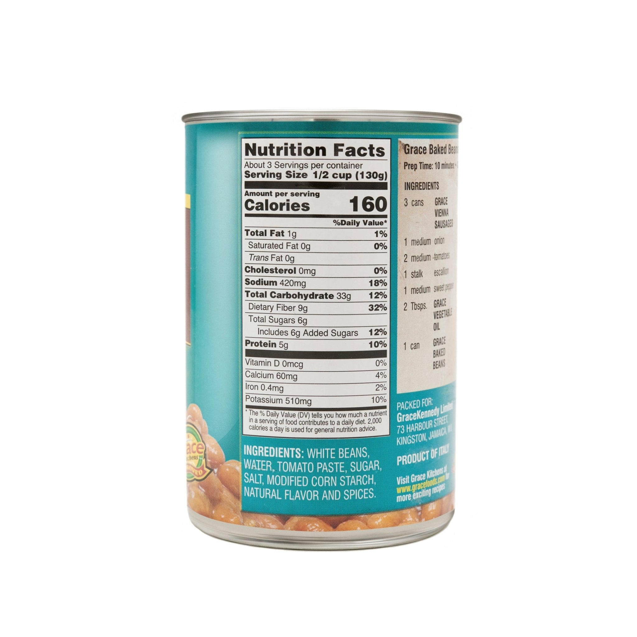 Nutritious GR. Baked Beans can, showcasing protein and fiber content, ideal for healthy Latin meals.