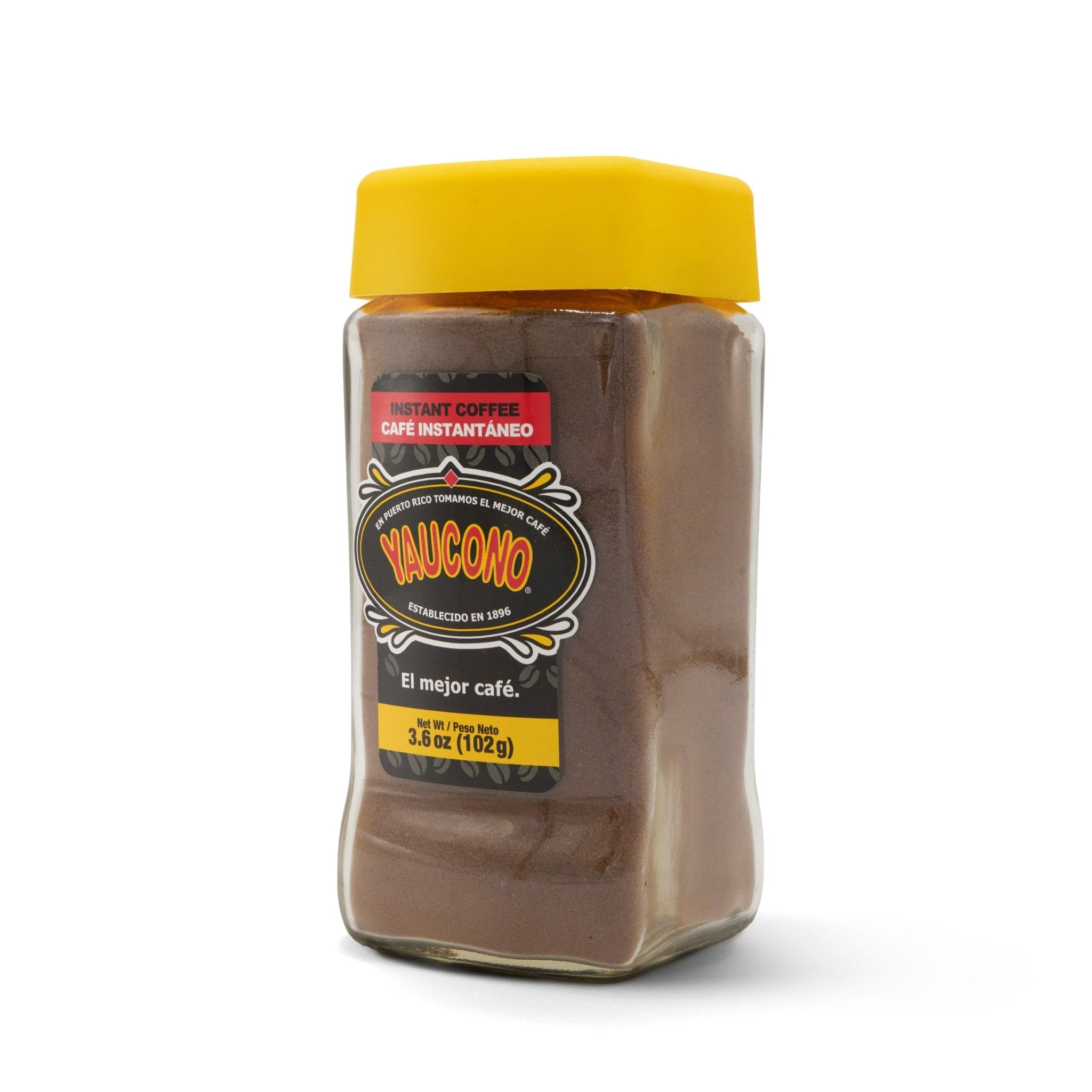 YAUCONO instant coffee in a clear jar with yellow lid, perfect for busy coffee lovers enjoying authentic Latin flavors.