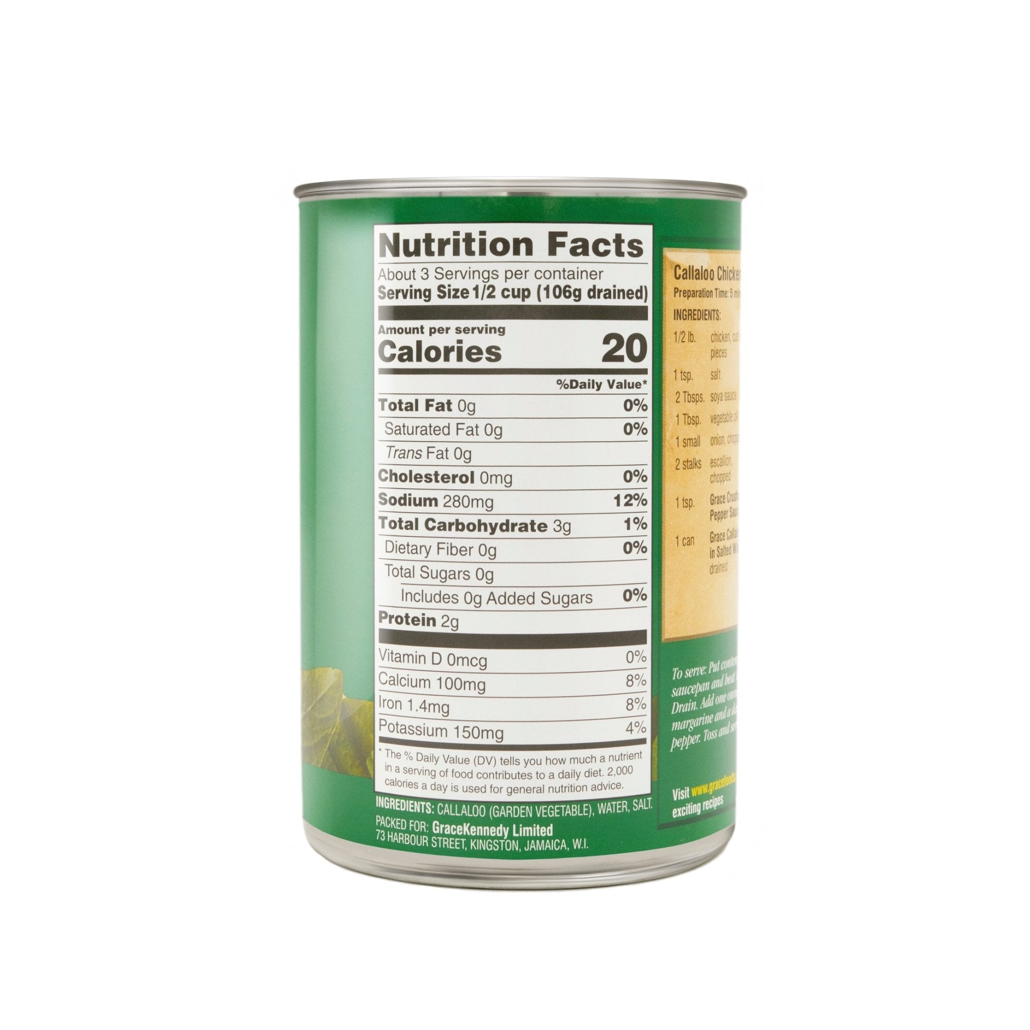 Nutrition facts for Grace Callaloo, a quality Latin food product rich in vitamins and tropical flavors, perfect for meals.