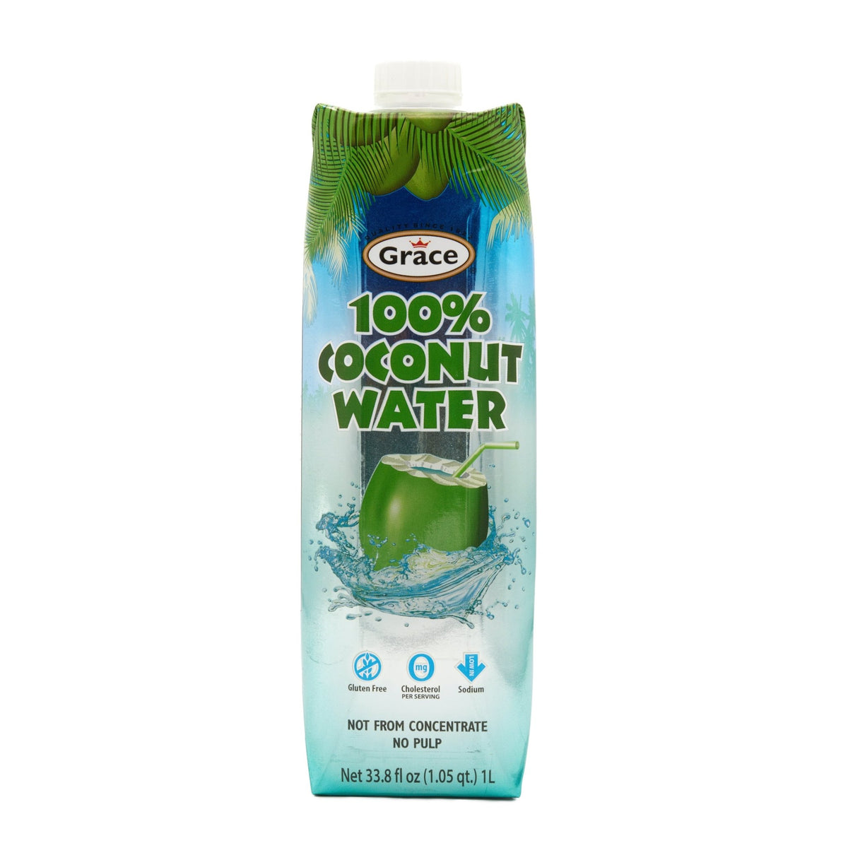 GR Prisma coconut water carton, 100% pure, no sugar, tropical refreshment, quality Latin food product.