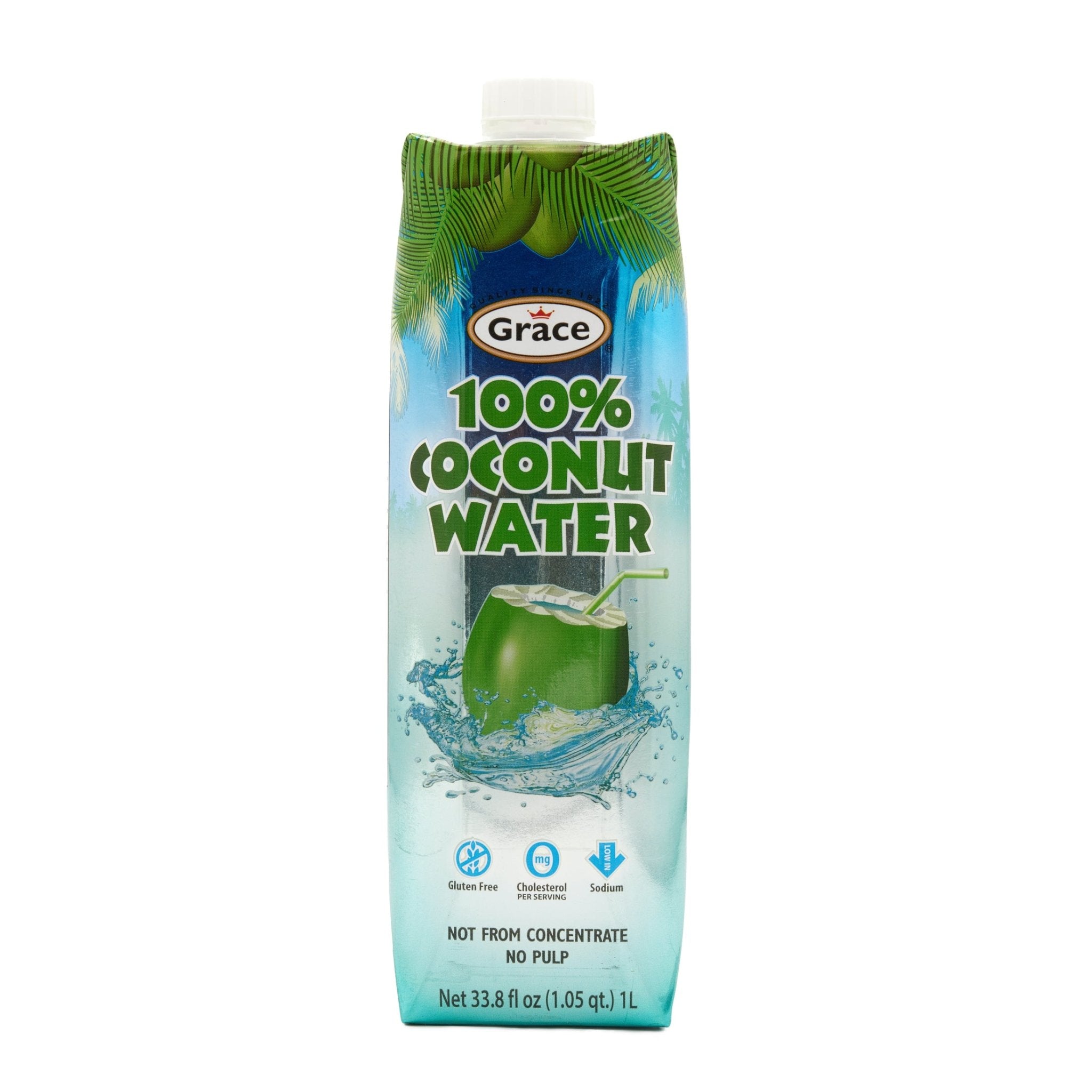 GR Prisma coconut water carton, 100% pure, no sugar, tropical refreshment, quality Latin food product.