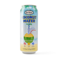Grace Coconut Water with no pulp in a 500 ml can, perfect for a refreshing taste of tropical flavors.