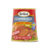 GR Reduced Sodium Corned Beef can, premium quality, 12 oz, a healthier option for authentic Latin flavors and tastes.