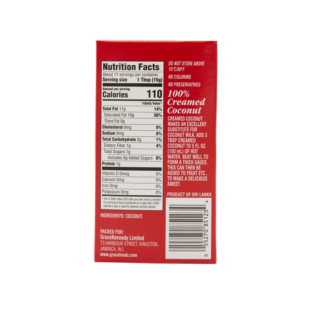 Grace Creamed Coconut nutrition facts panel, featuring 100% pure coconut for authentic Latin flavors.