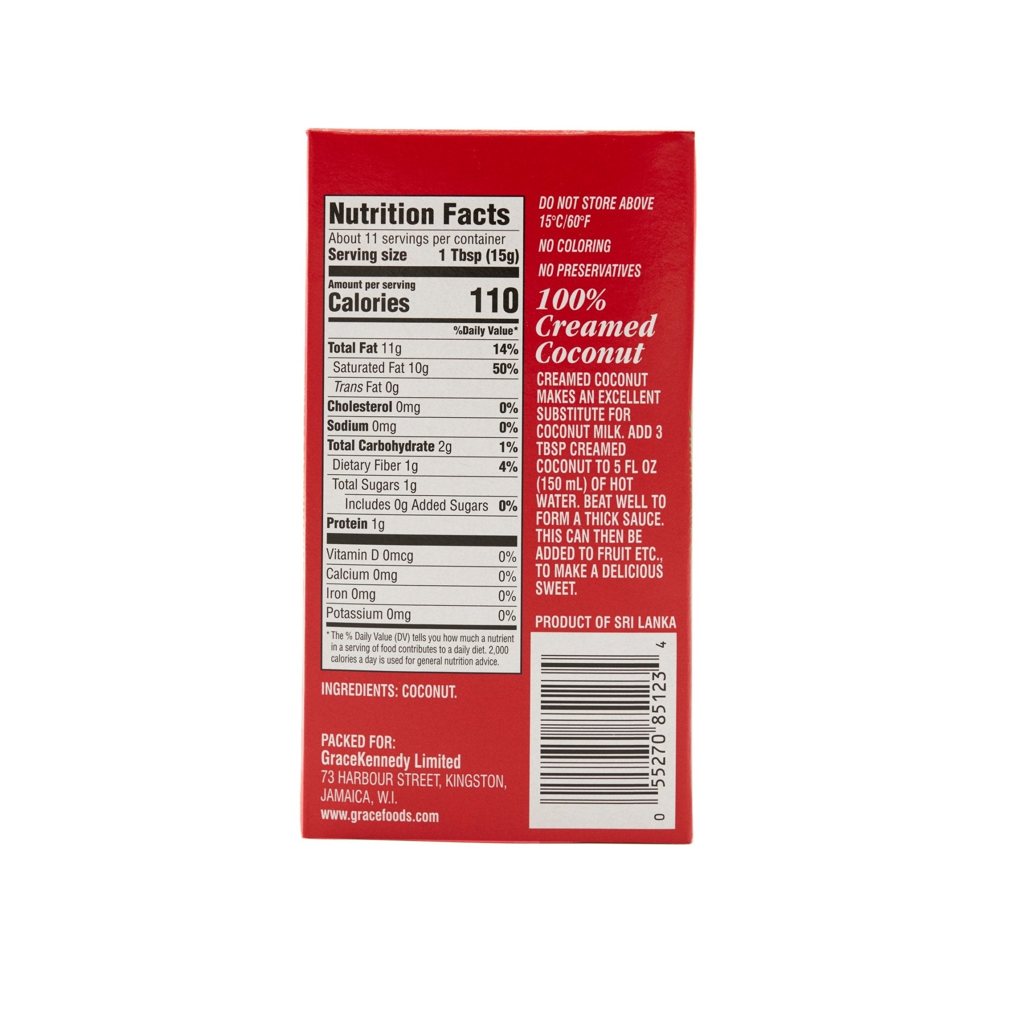 Grace Creamed Coconut nutrition facts panel, featuring 100% pure coconut for authentic Latin flavors.