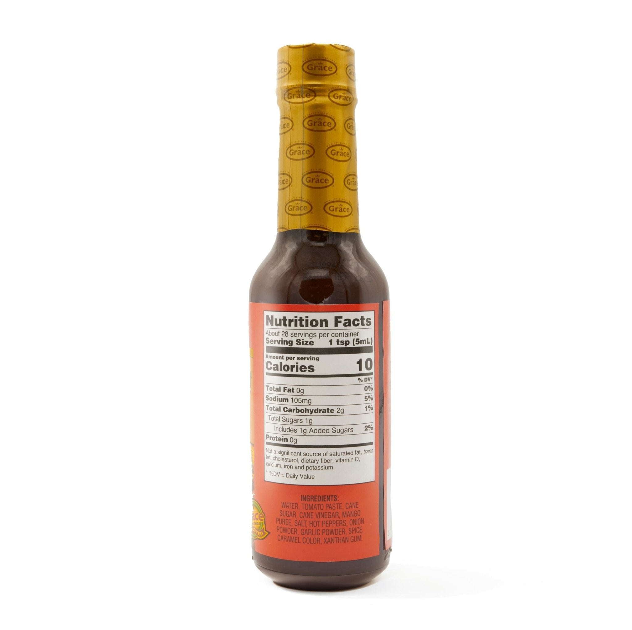 Nutrition facts label on GRACE FISH & MEAT SAUCE bottle highlighting quality Latin food ingredients.