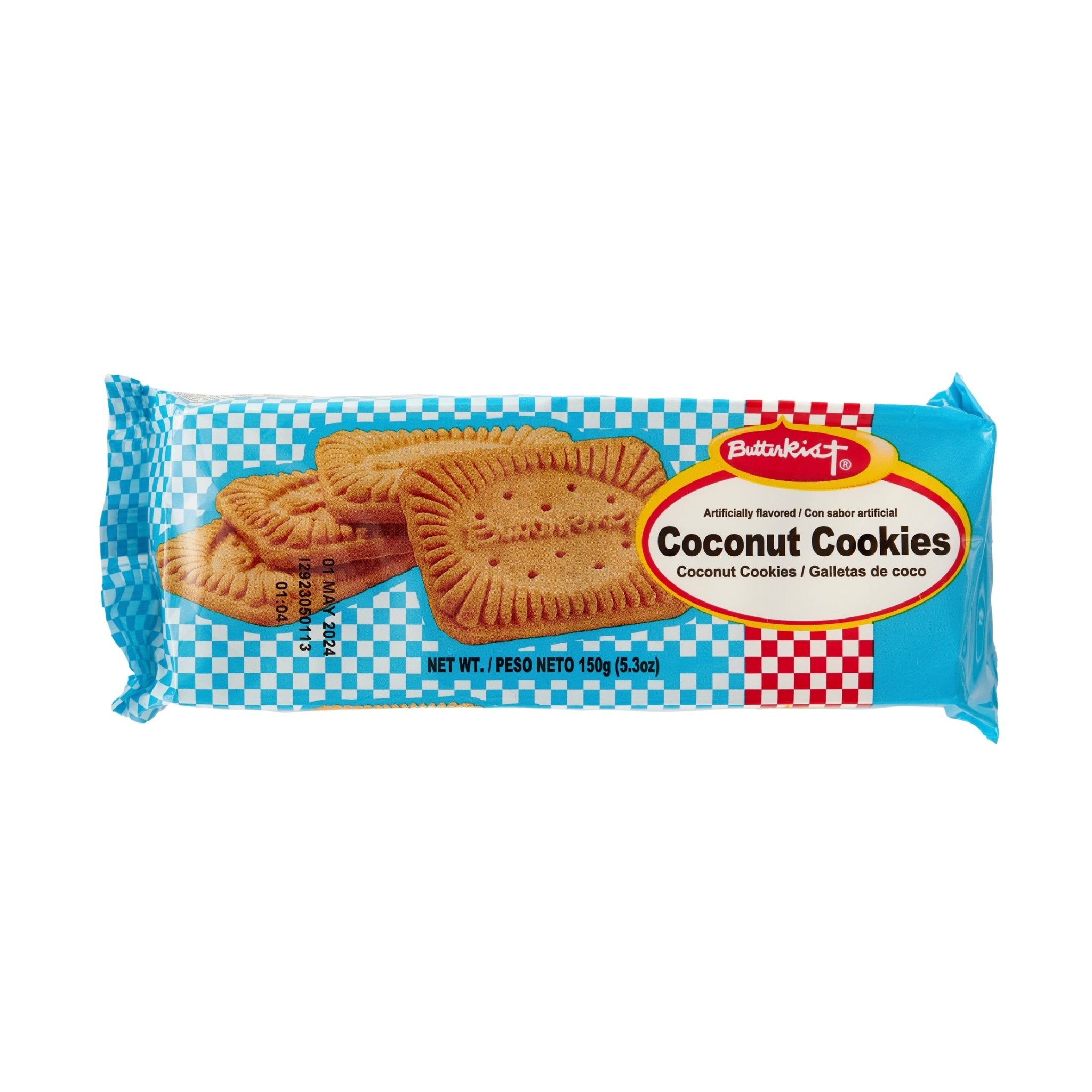 BUTTERKIST Coconut Cookies 150g pack featuring tropical flavors, perfect for a quality Latin food snack.