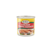 Grace chicken vienna sausages in broth, quality latin food product for authentic flavors, perfect for quick meals.