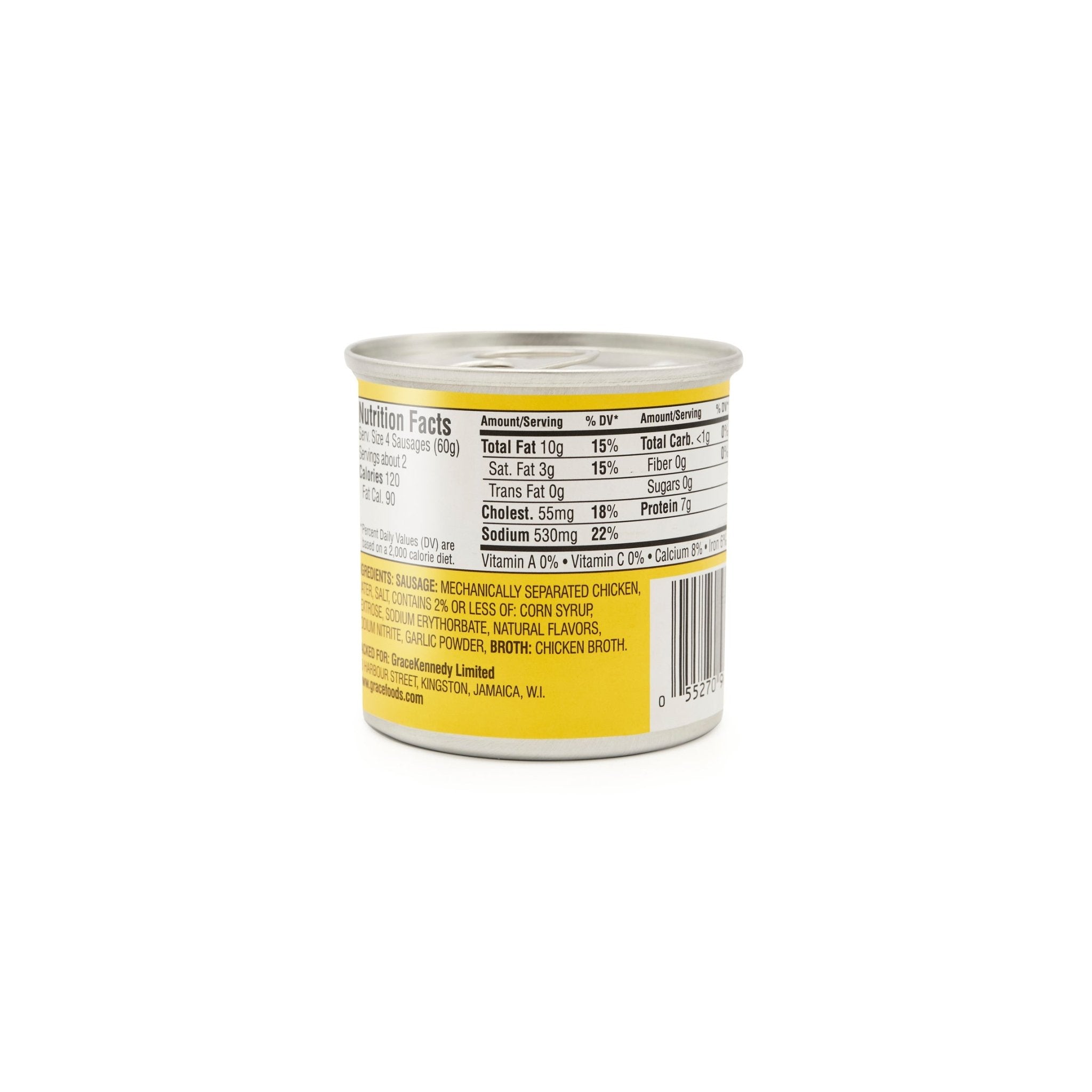 Nutrition facts for GR. Chicken Vienna Sausage can, showcasing all-white chicken ingredients and quality details.