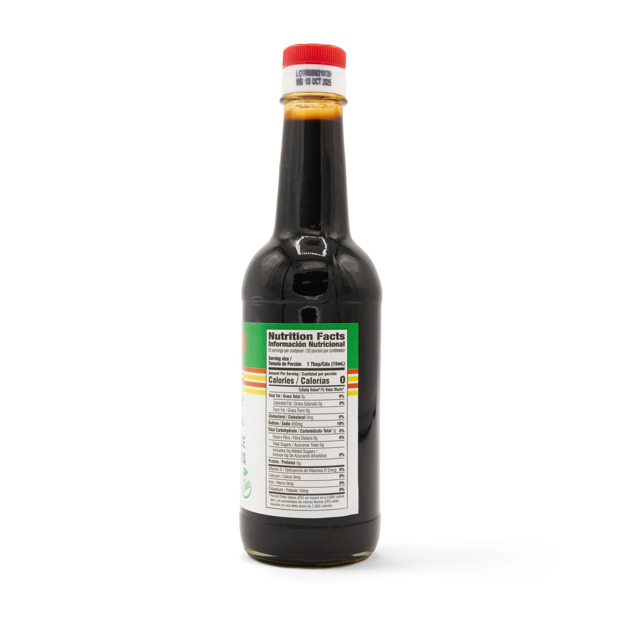 HONG KONG MAIDEN SOYA SAUCE 12 oz bottle with nutritional information, perfect for enhancing Latin flavors in cooking.