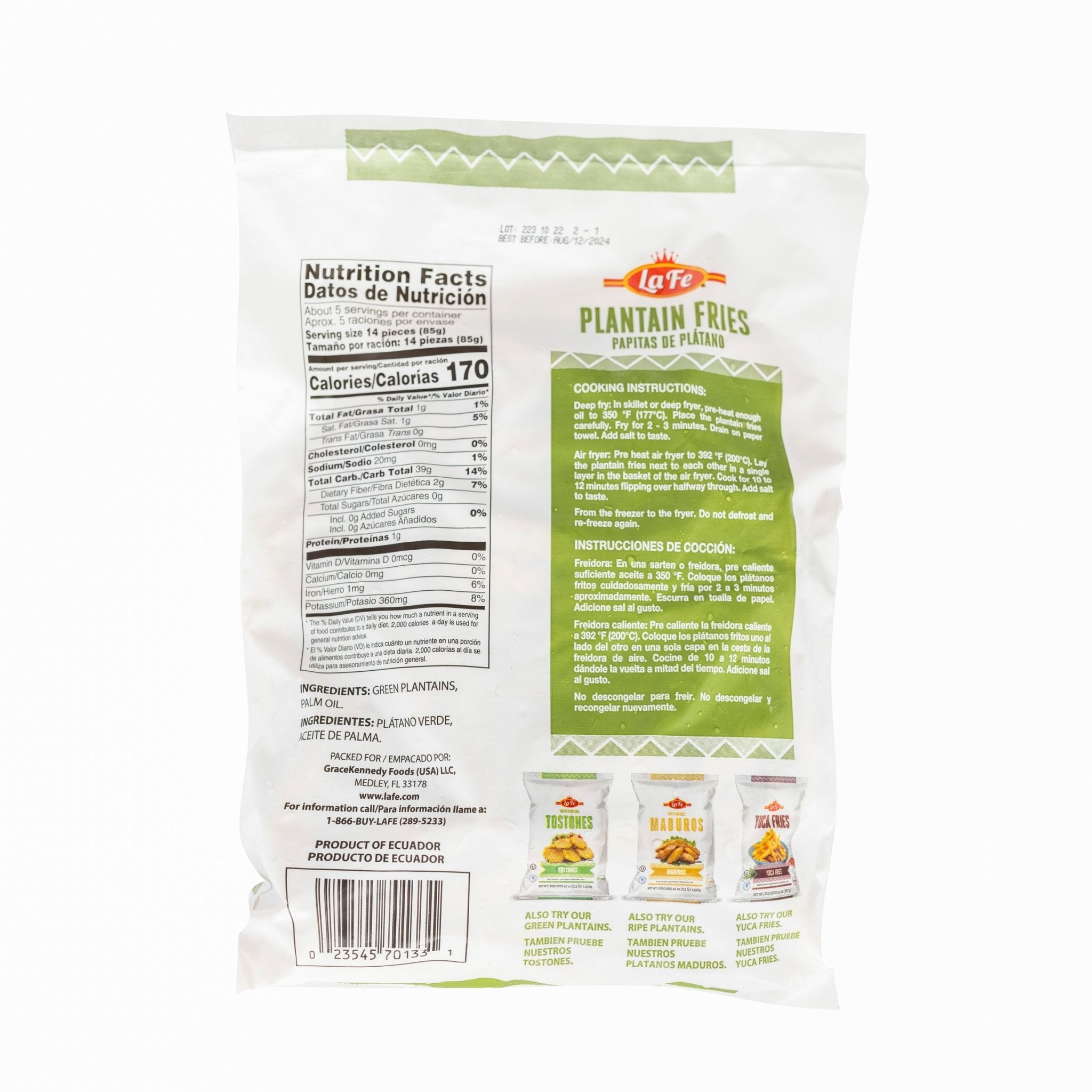Back of La Fe Plantain Fries package showing nutrition facts and cooking instructions for authentic Latin flavor.