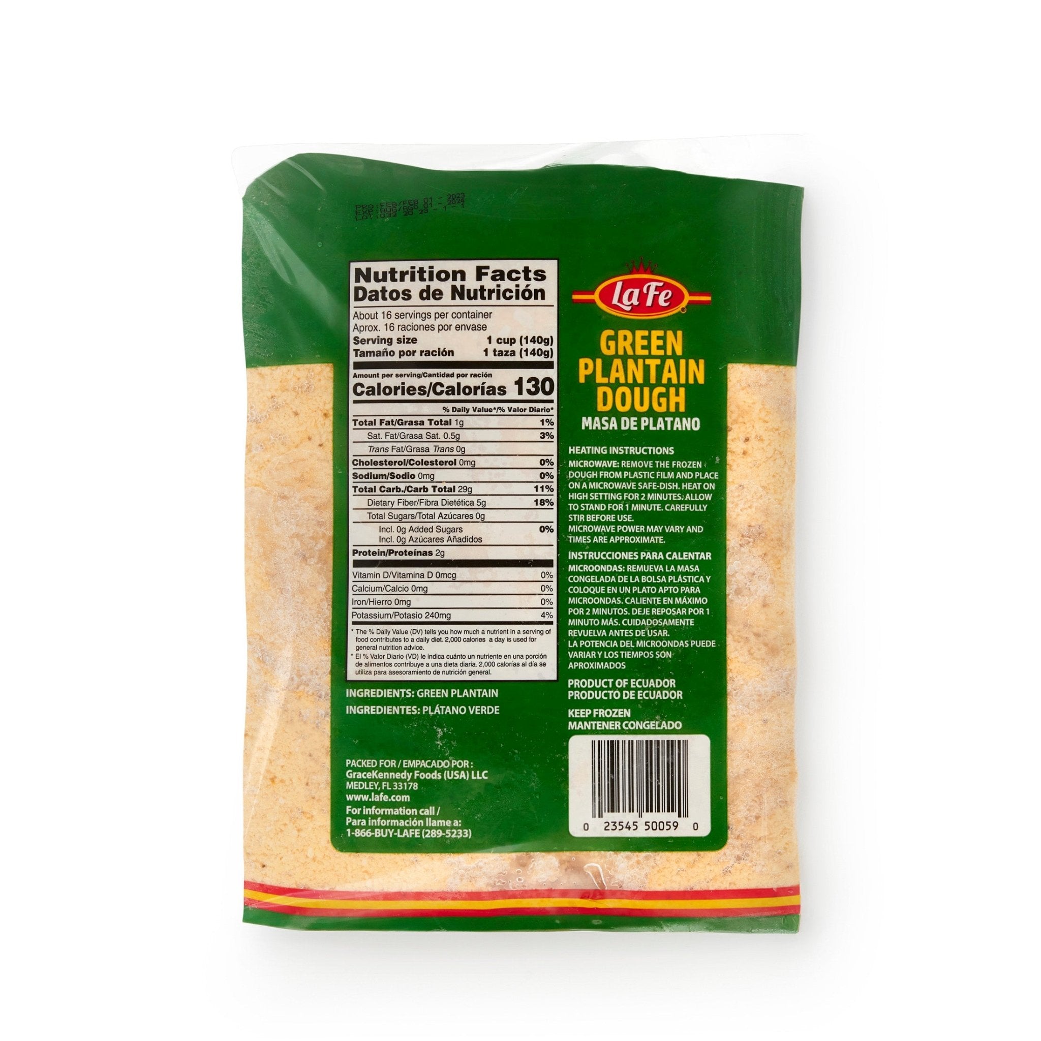 LA FE Green Plantain Dough packaging, ideal for authentic Latin recipes and fresh Latin food dishes.
