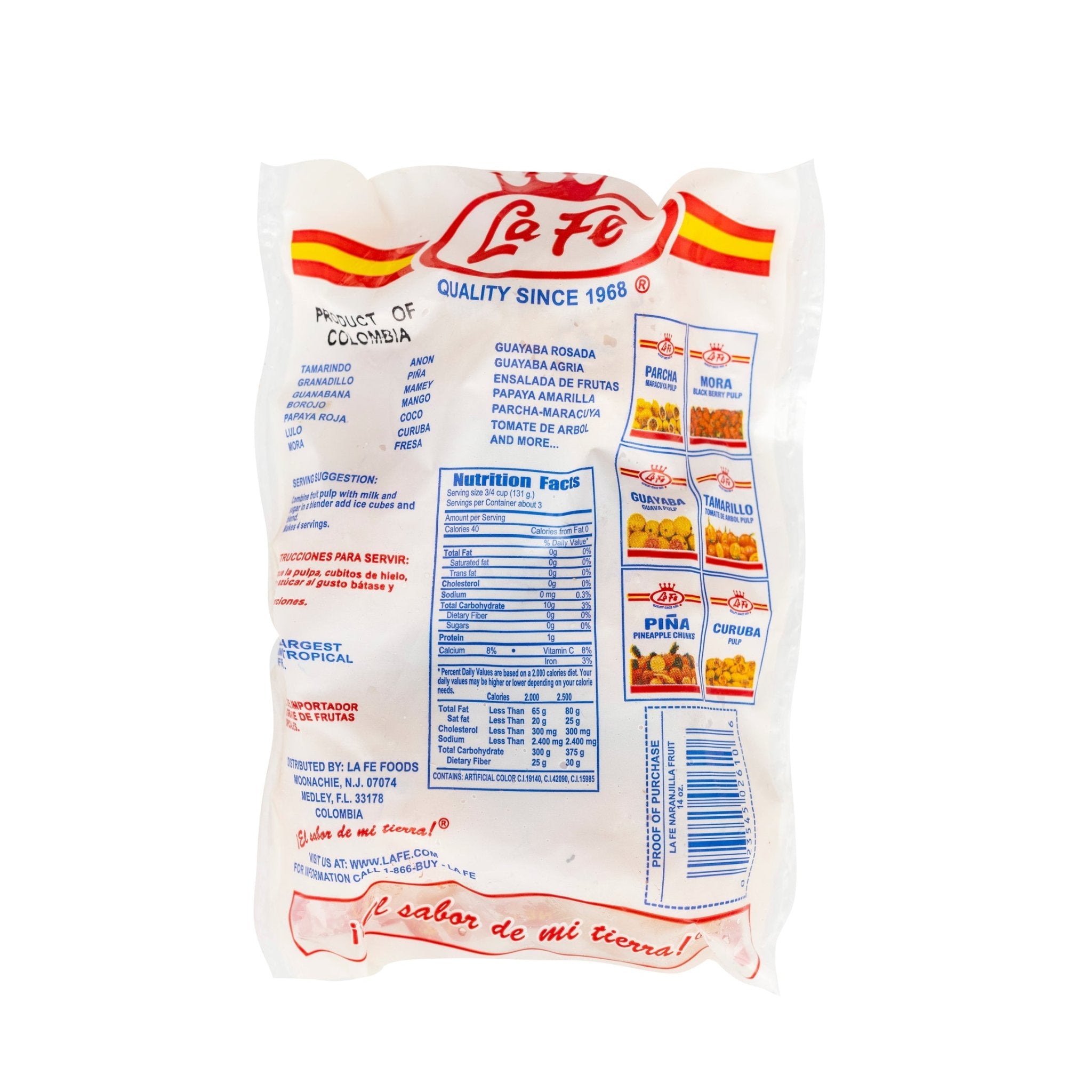 La Fe Lulo packaging, a quality product from Colombia, showcasing nutritious frozen Latin foods and tropical flavors.