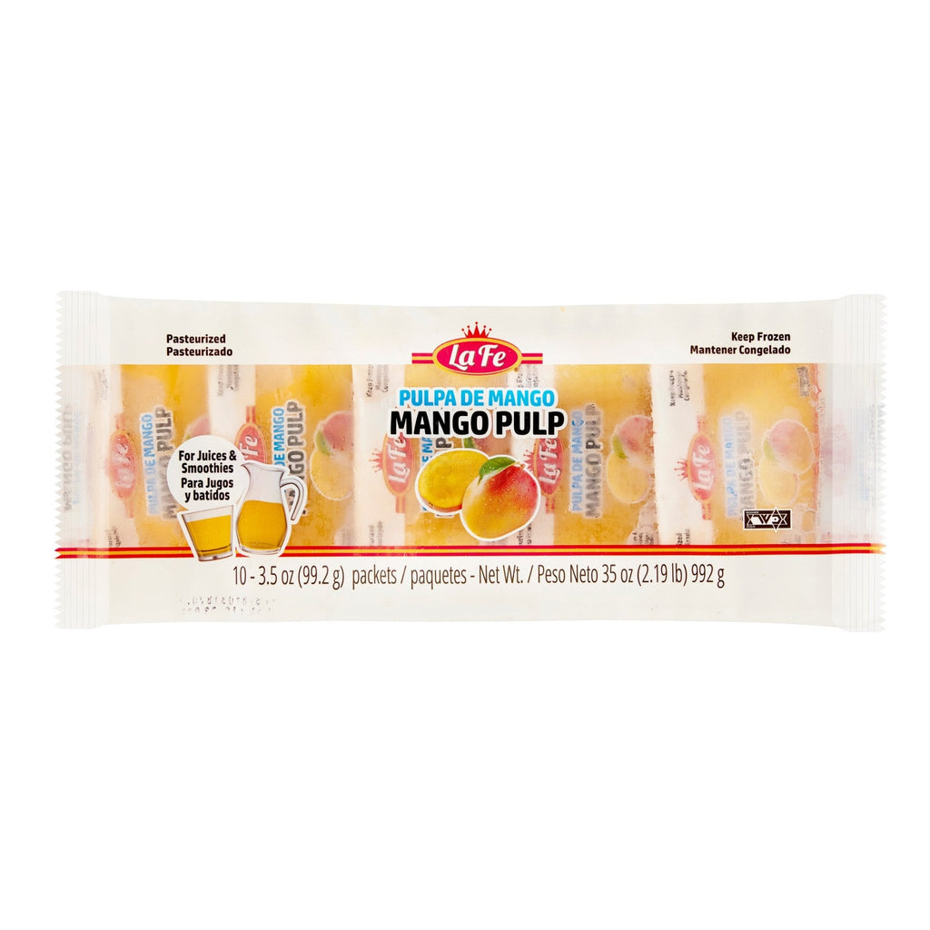 La Fe Mango Pulp packaging with 10 packets, perfect for authentic Latin recipes and tropical flavors.