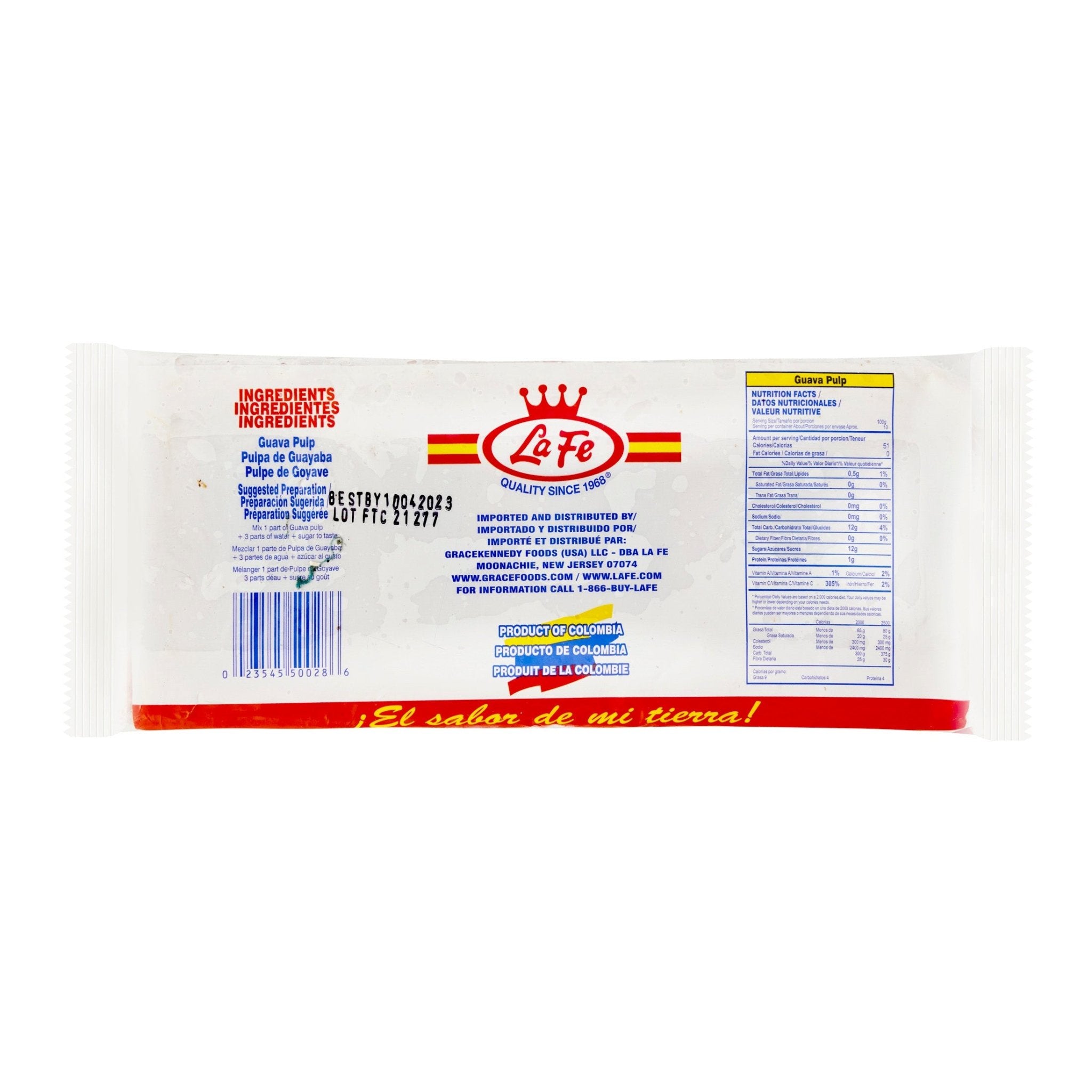 La Fe Pulp Guava-Cojines packaging showcasing ingredients and nutritional info for authentic Latin food.