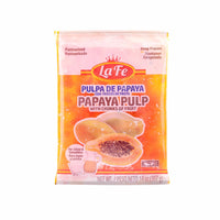 La Fe papaya pulp package, 14 oz, perfect for smoothies, desserts, and snacking, offers tropical flavors and quality Latin food.