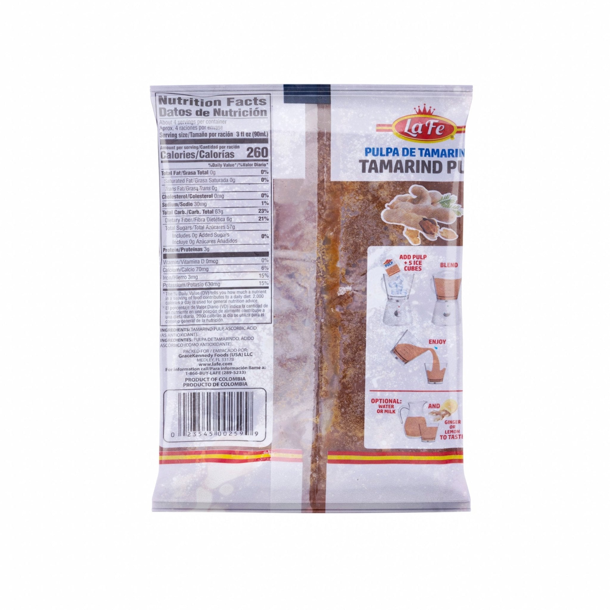Lafe Pulp Tamarind packaging showcasing nutrition facts and usage tips for authentic Latin flavors in cooking.