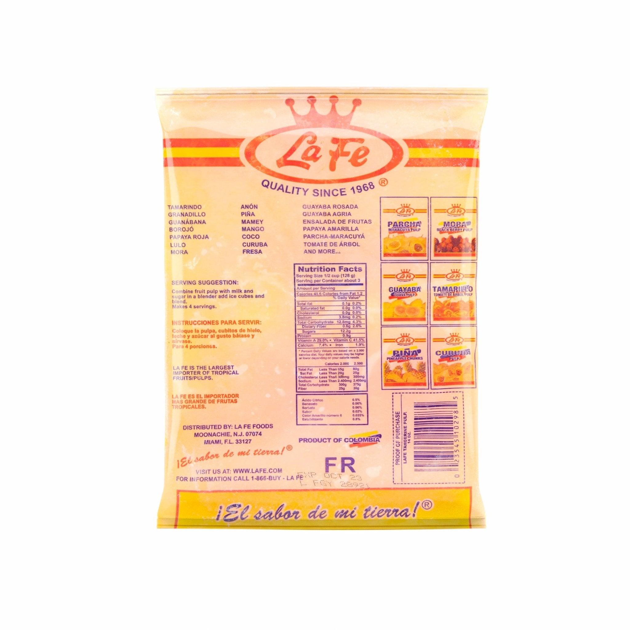 La Fe Pulp Mandarina packaging showcasing quality since 1968, perfect for authentic Latin food lovers.