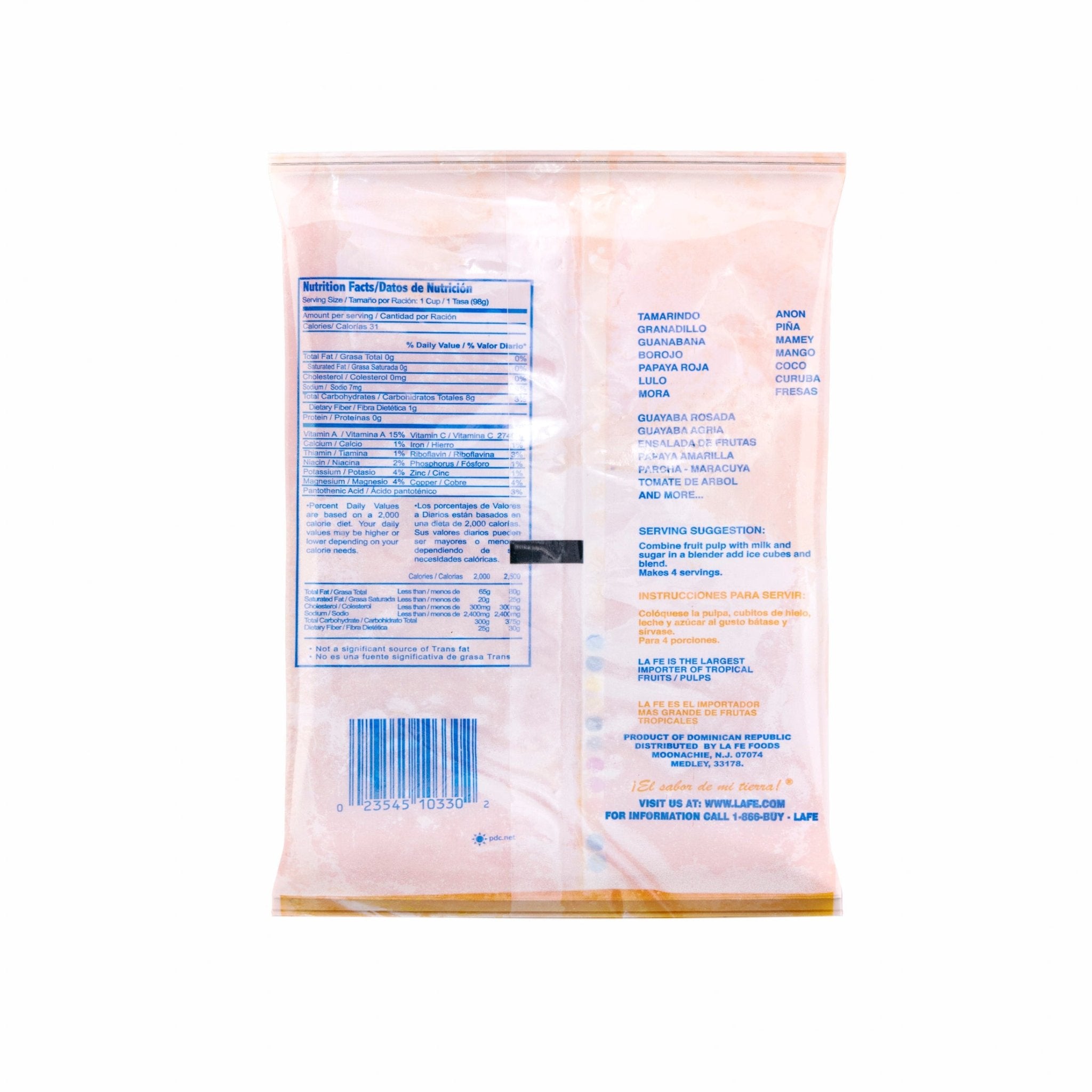 La Fe Pulp Acerola package back showing nutrition facts and serving suggestions, ideal for fresh Latin food lovers.