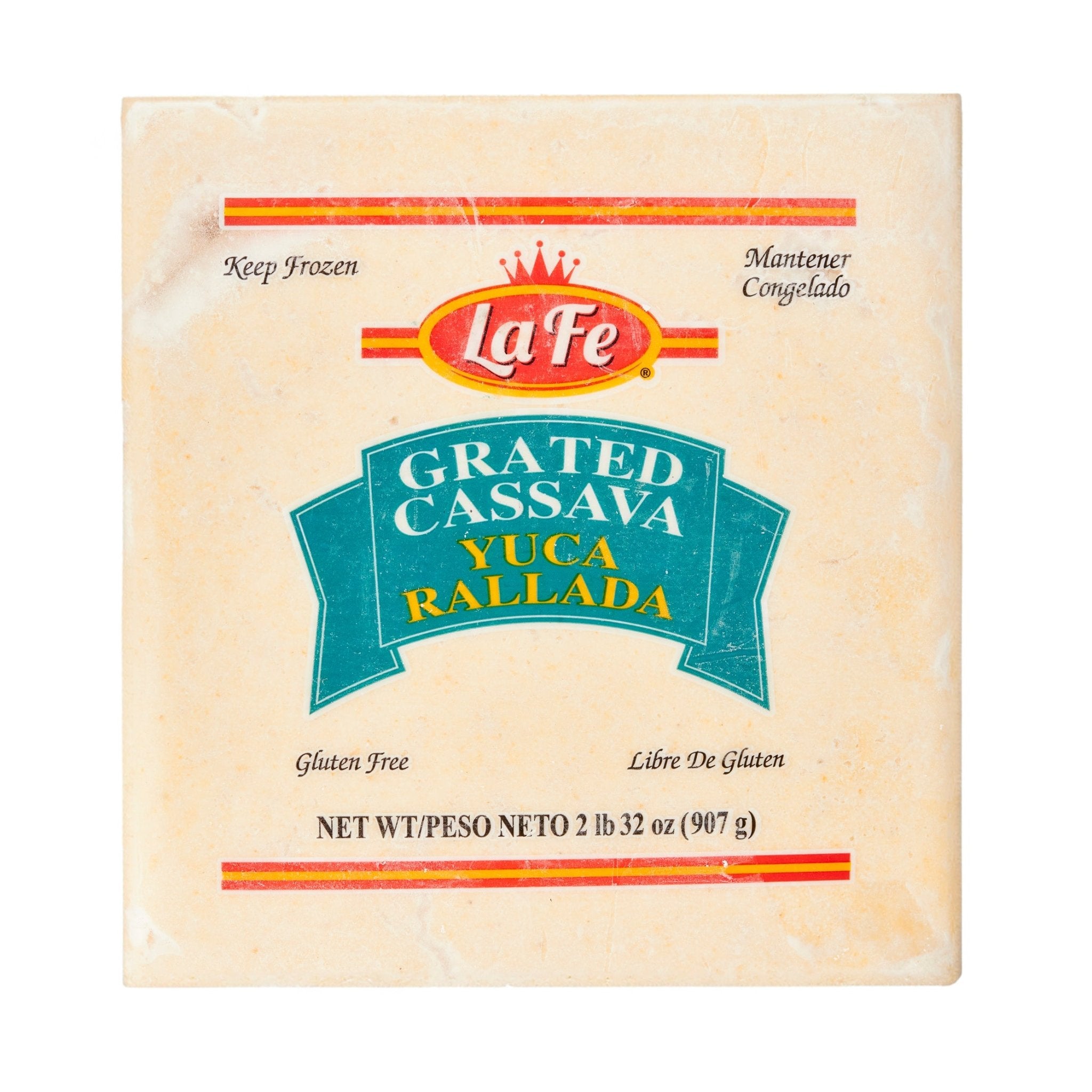 La Fe Grated Cassava Yuca Rallada packaging, gluten-free, perfect for fresh Latin food and authentic tropical flavors.