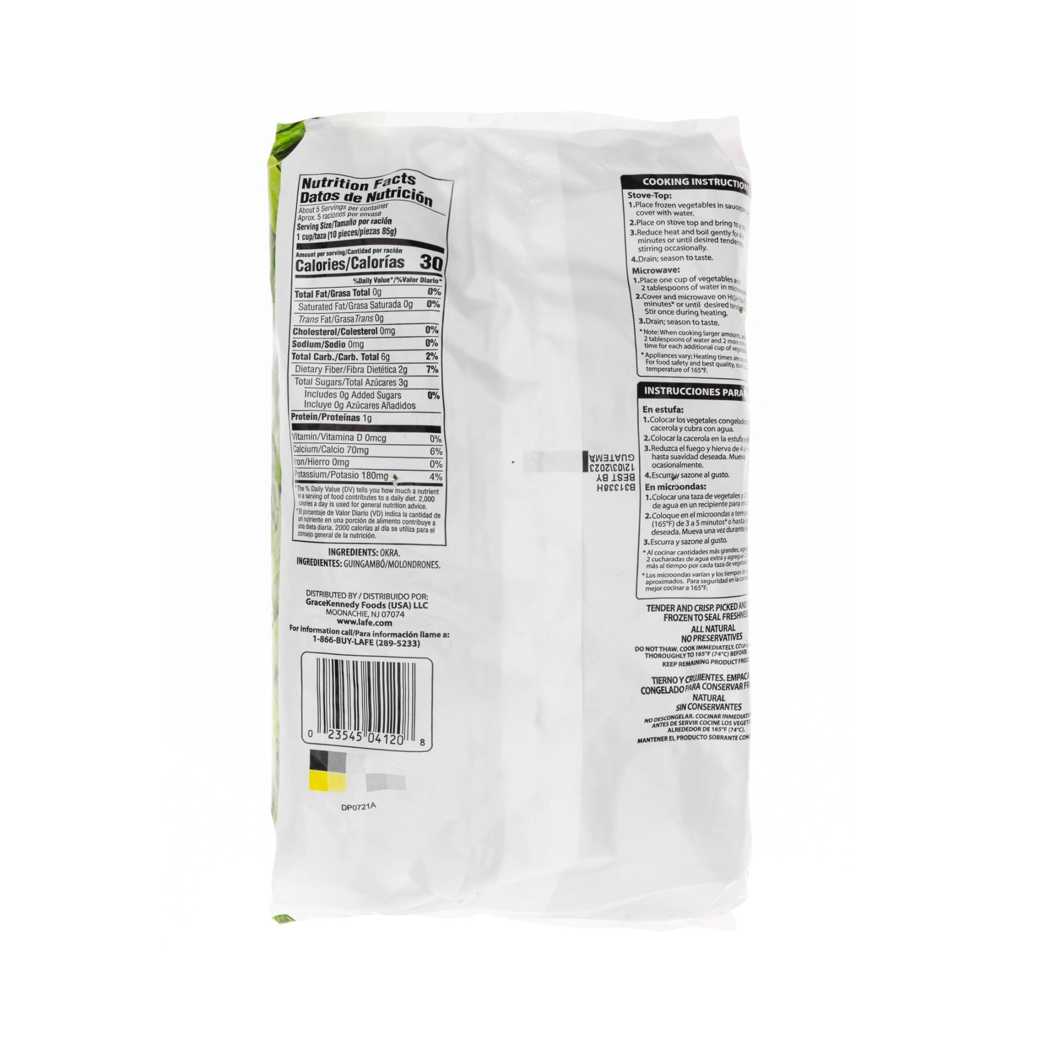 LA FE Whole Okra packaging showcasing nutrition facts and cooking instructions for quality Latin food.