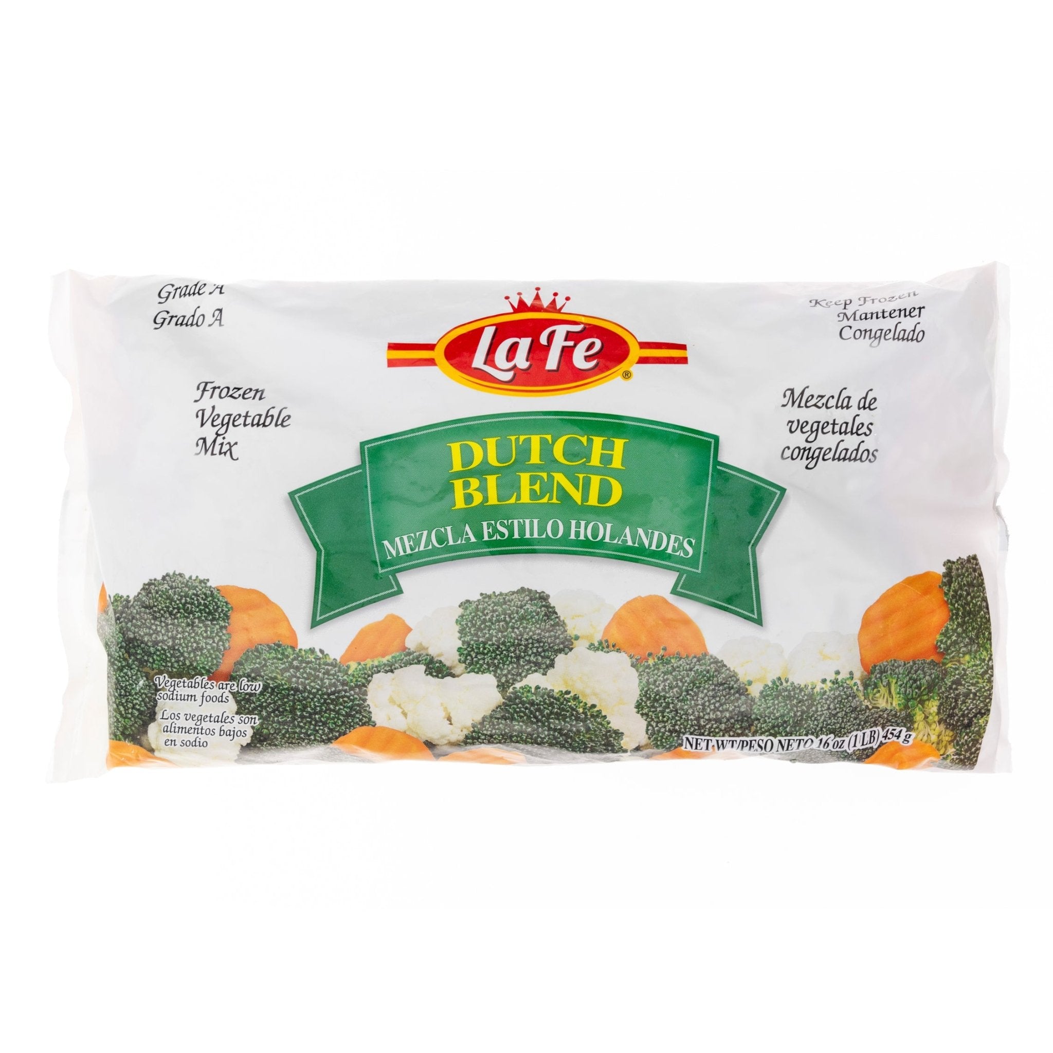 La Fe Dutch Blend frozen vegetable mix featuring a blend of fresh broccoli, cauliflower, and carrots for authentic Latin flavors.