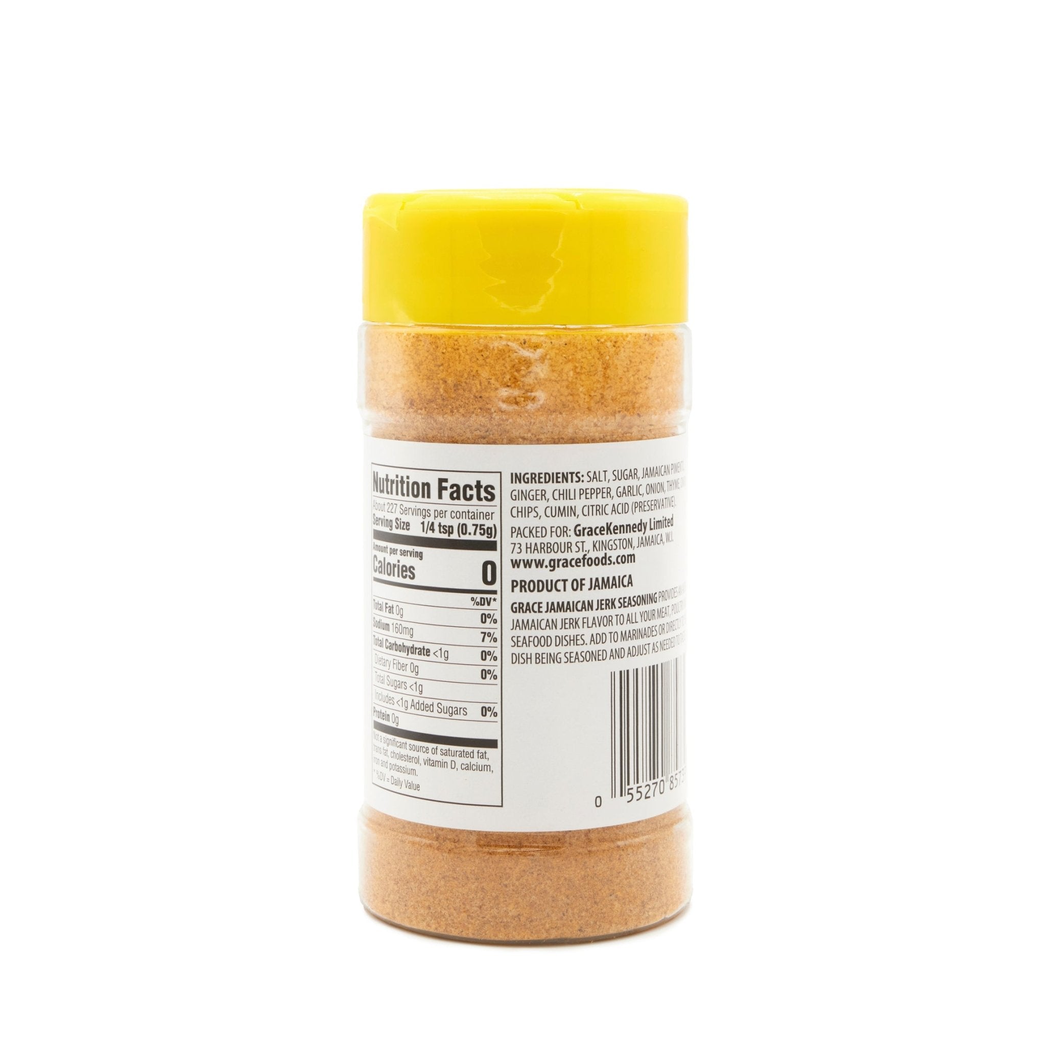 GR Dried Jerk Seasoning bottle showcasing nutritional facts and ingredients from Jamaica for authentic Latin flavor.