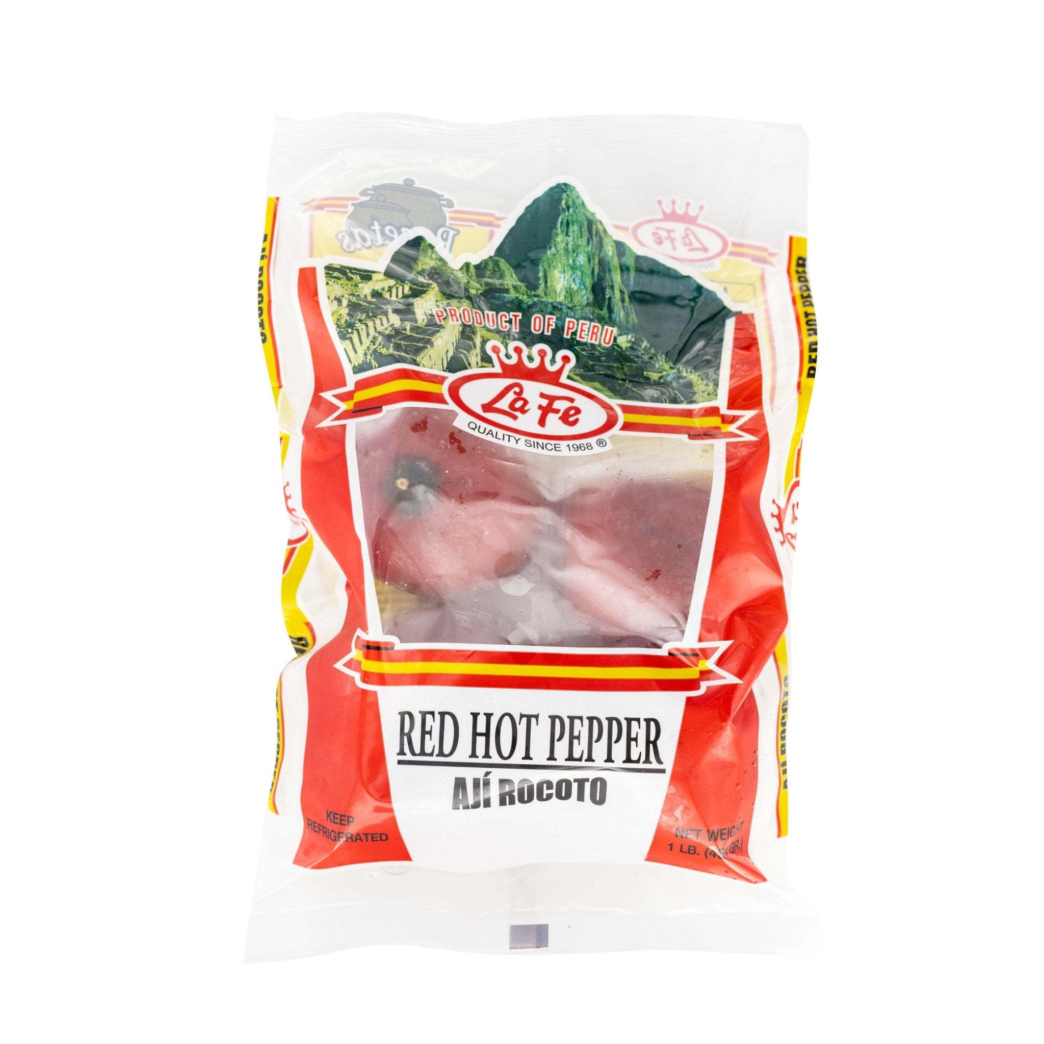 La Fe Peru Aji-Rocoto 1 lb bag, authentic red hot pepper for bold Latin flavor in cooking.