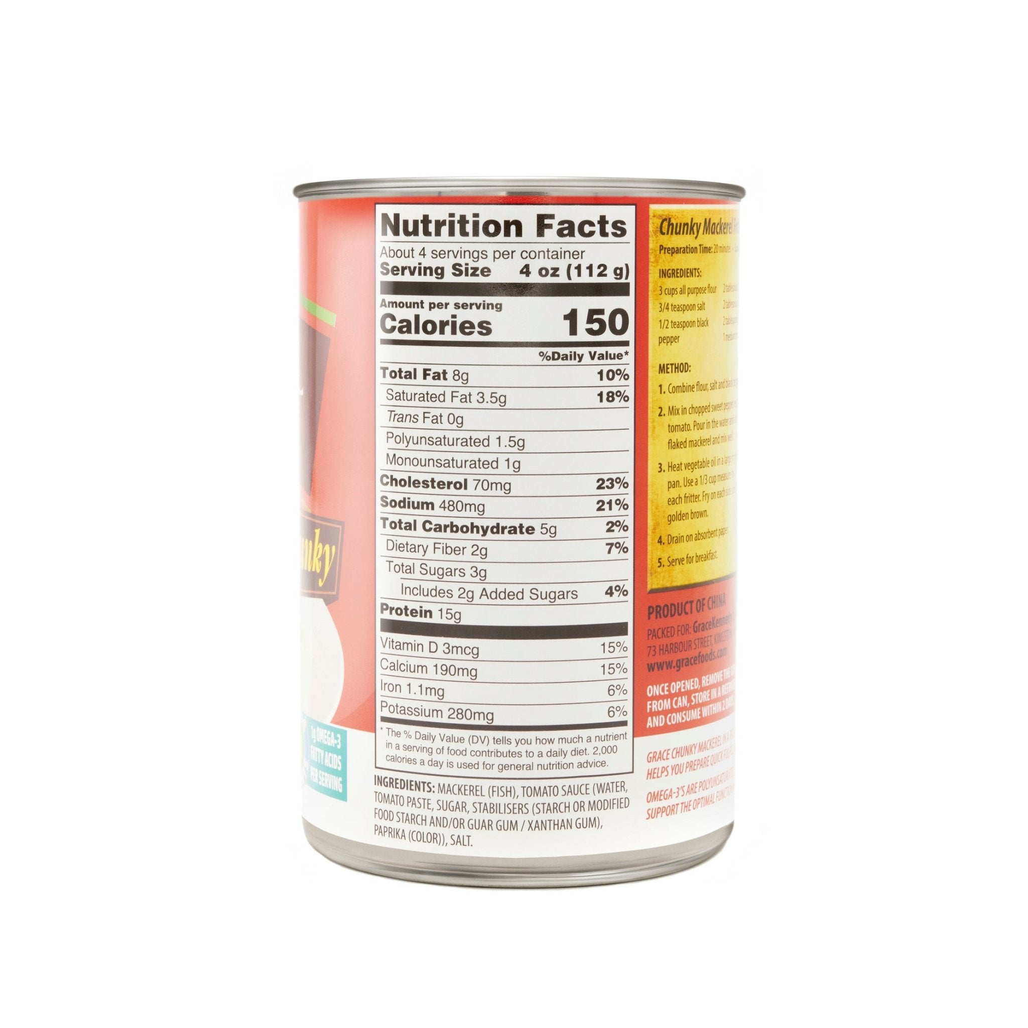 Nutrition facts of GR. Mackerel-Tom/Sauce 425g can, highlighting quality omega-fatty acids in Latin food.