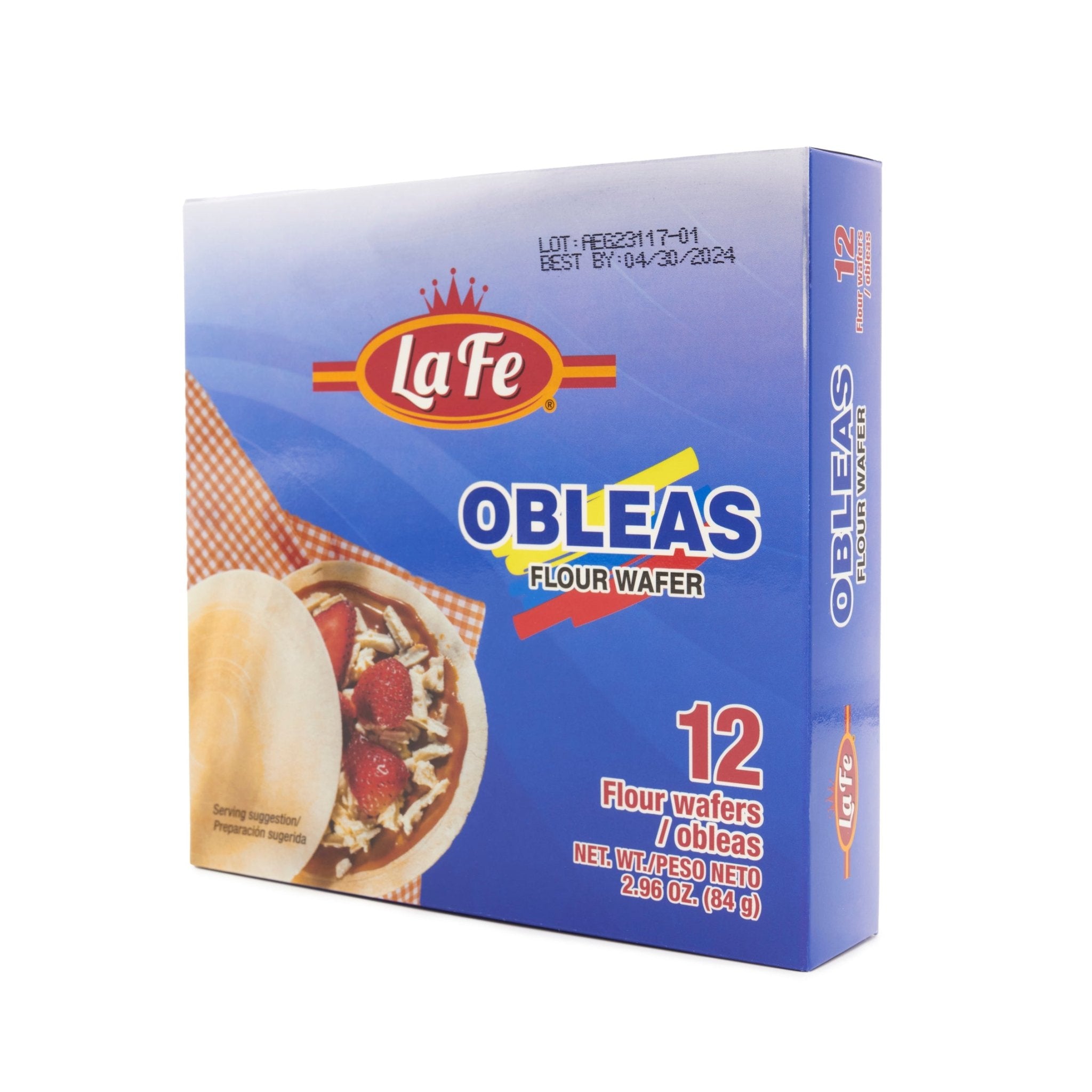 LA FE OBLEAS 12-count flour wafers package, a tasty, authentic Latin dessert for snacking and enjoying.