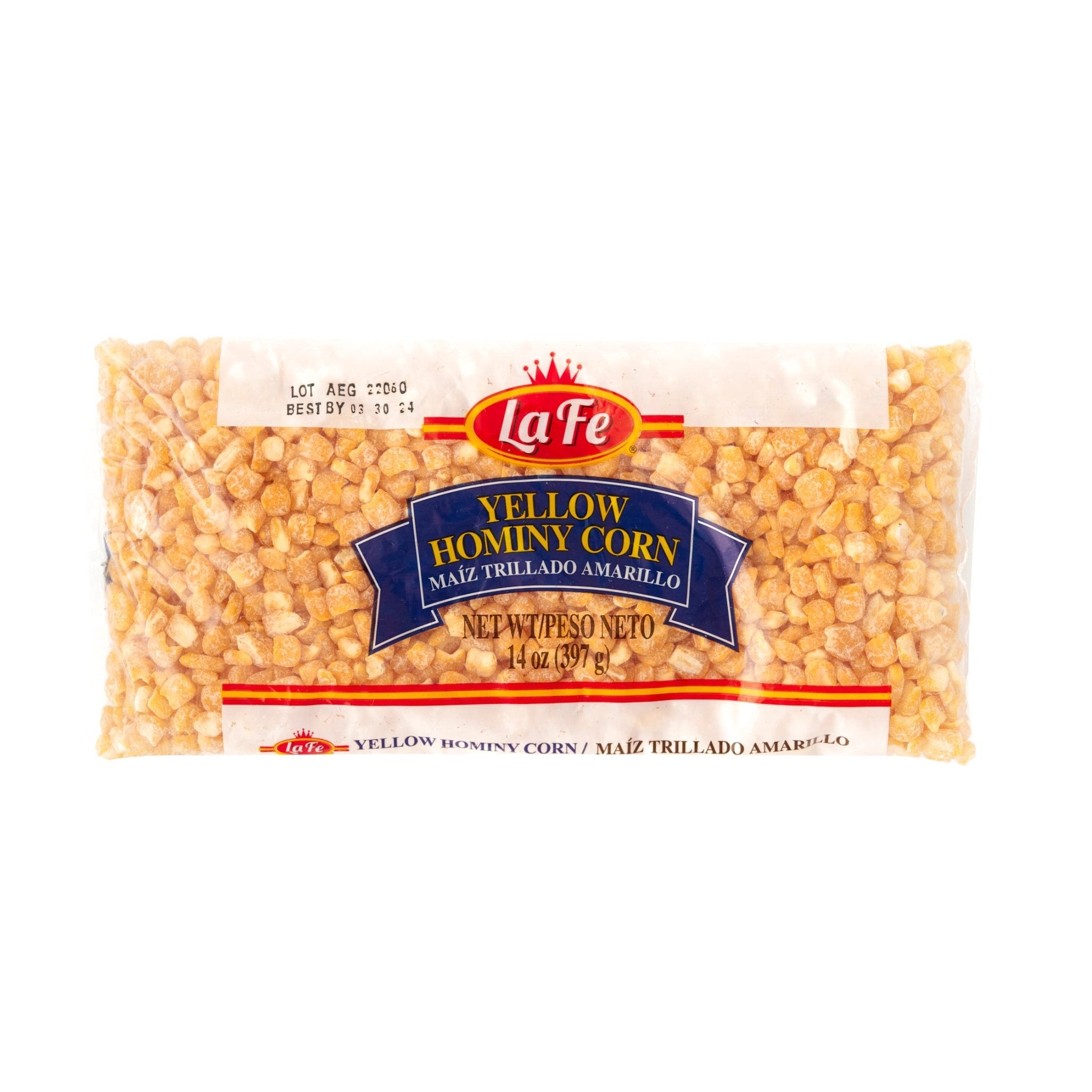 La Fe Yellow Hominy Corn, 24 oz bag, ideal for authentic Latin dishes like tamales and arepas, quality Latin food.