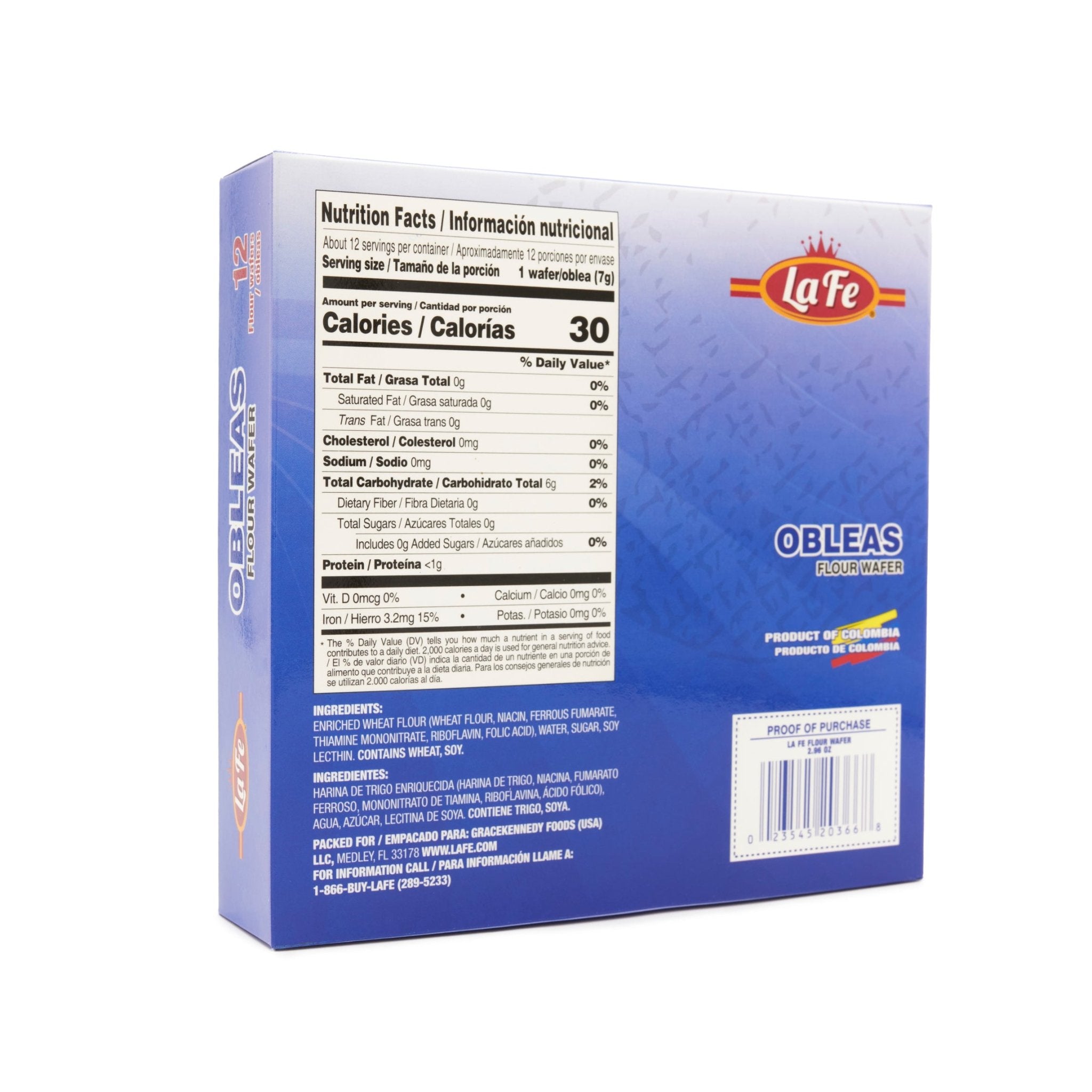 Nutrition facts for La Fe Obleas, a quality Latin snack with tropical flavors and crispy texture.
