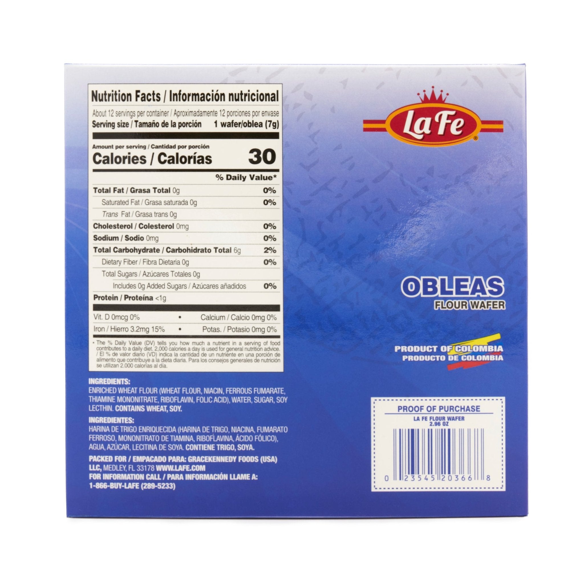 Nutrition facts for La Fe Obleas, a quality Latin food product, ideal for snacking or desserts.