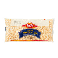 LA FE White Hominy Corn package, ideal for authentic Latin American dishes like tamales and arepas.