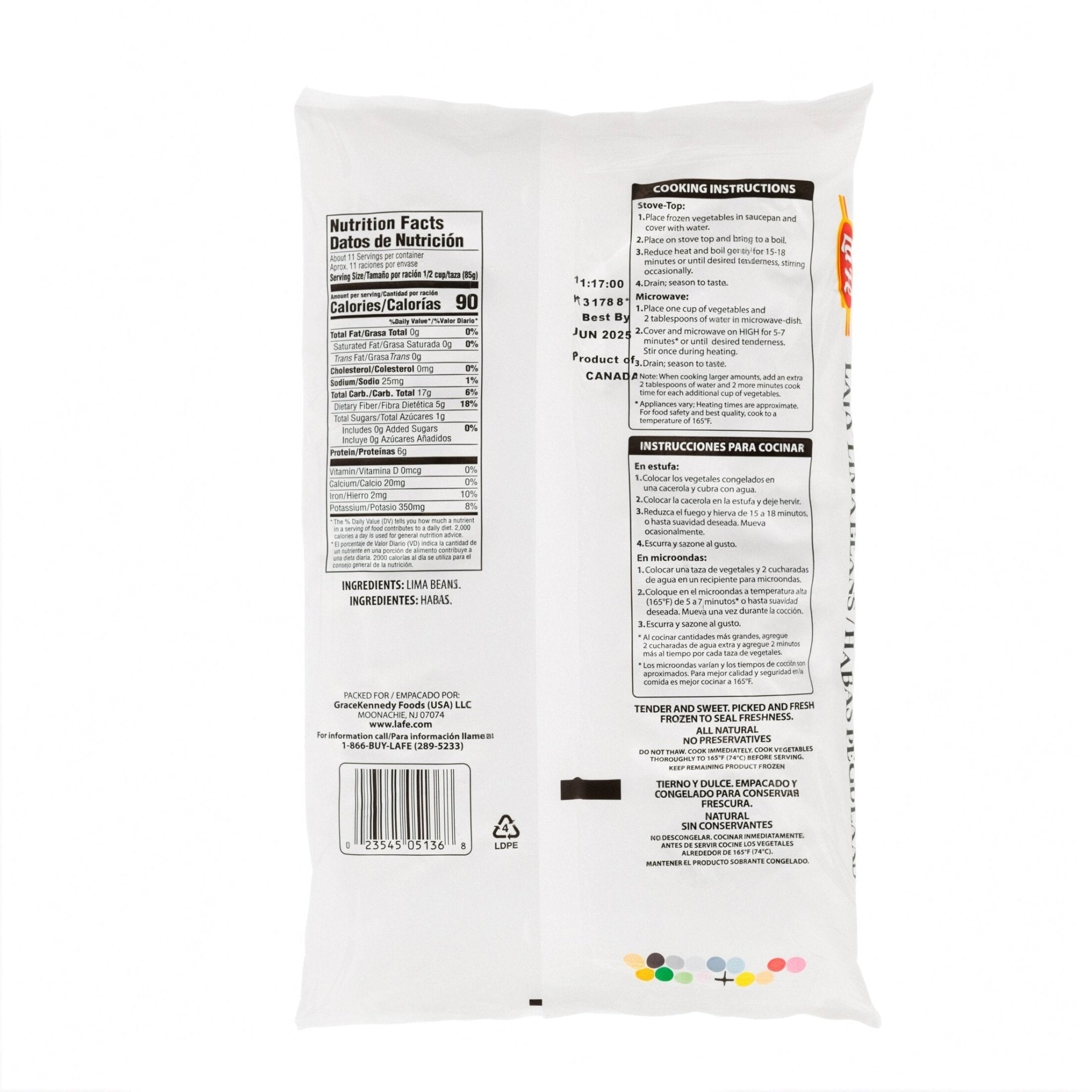 LA FE VEG-2 Green Peas packaging showing nutritional facts and cooking instructions, perfect for authentic Latin food lovers.