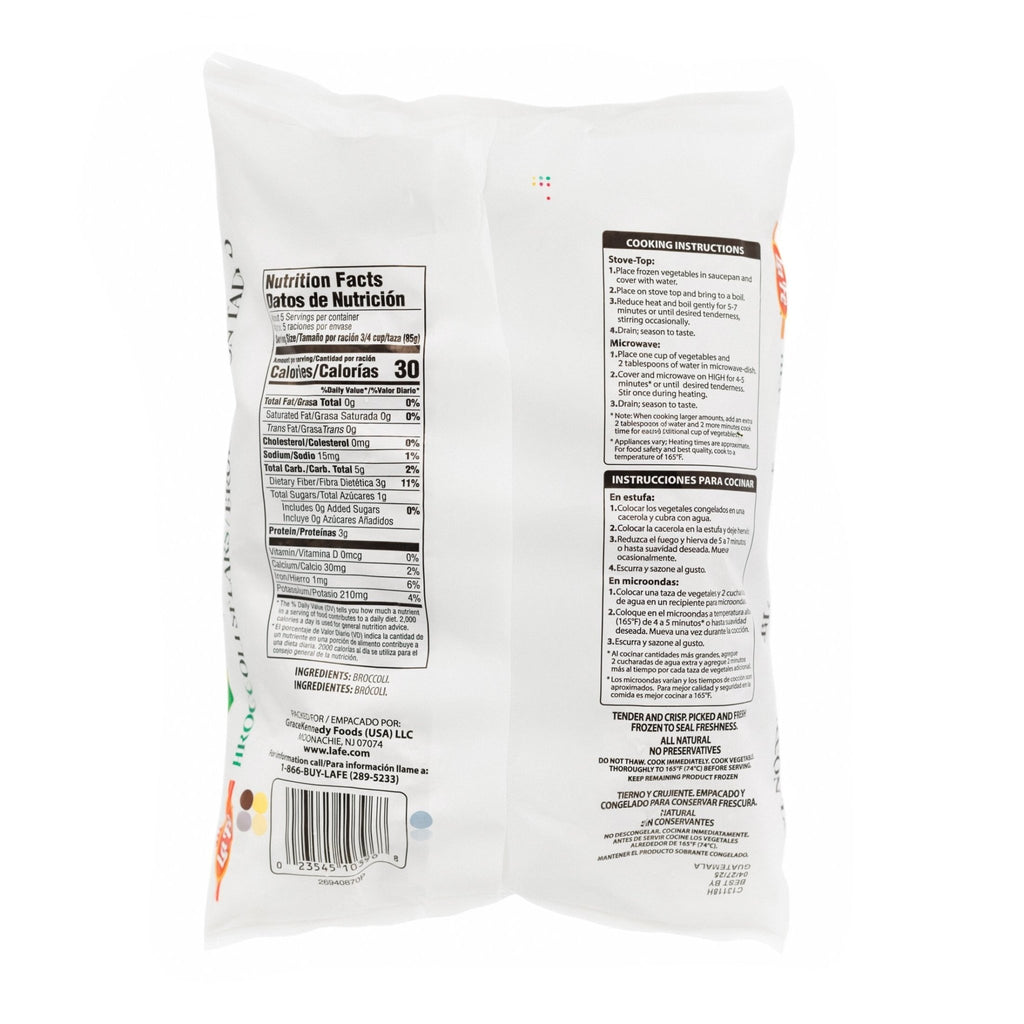 Back of La Fe Veg-1 Broccoli Spears package showing nutrition facts, cooking instructions, and ingredients.