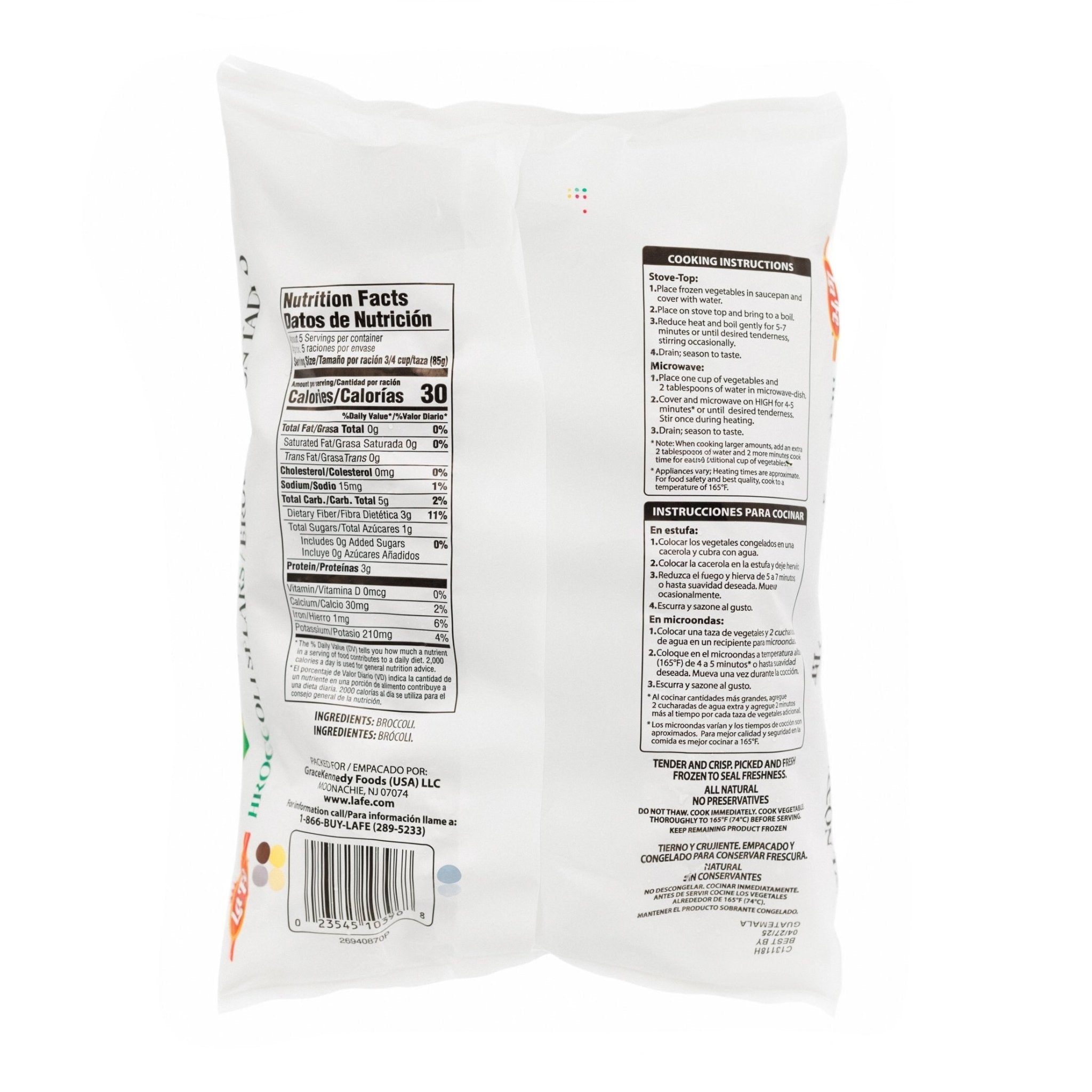 Back of La Fe Veg-1 Broccoli Spears package showing nutrition facts, cooking instructions, and ingredients.