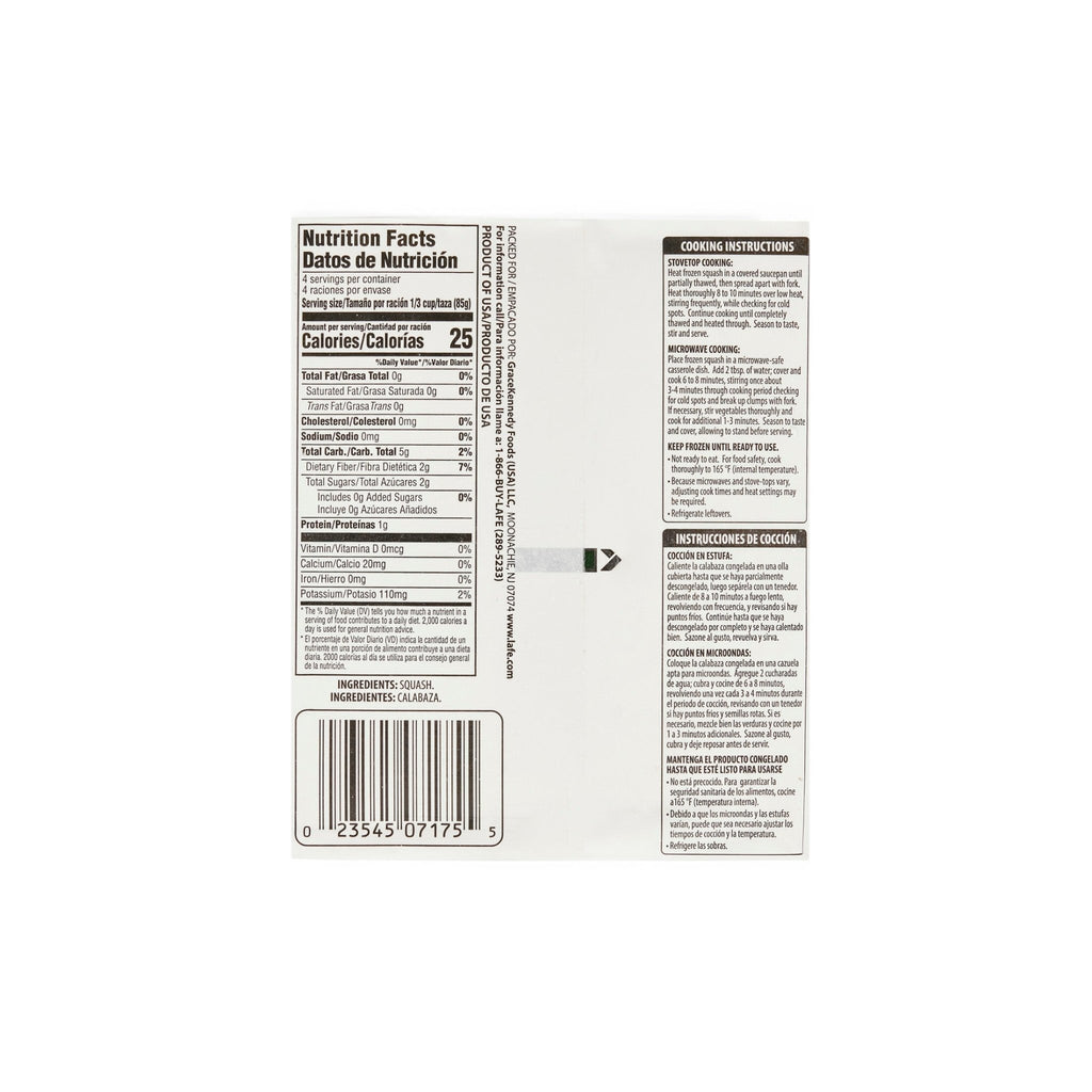 Nutrition facts and cooking instructions for LAFE Veg Squash-Box, a quality Latin food product.