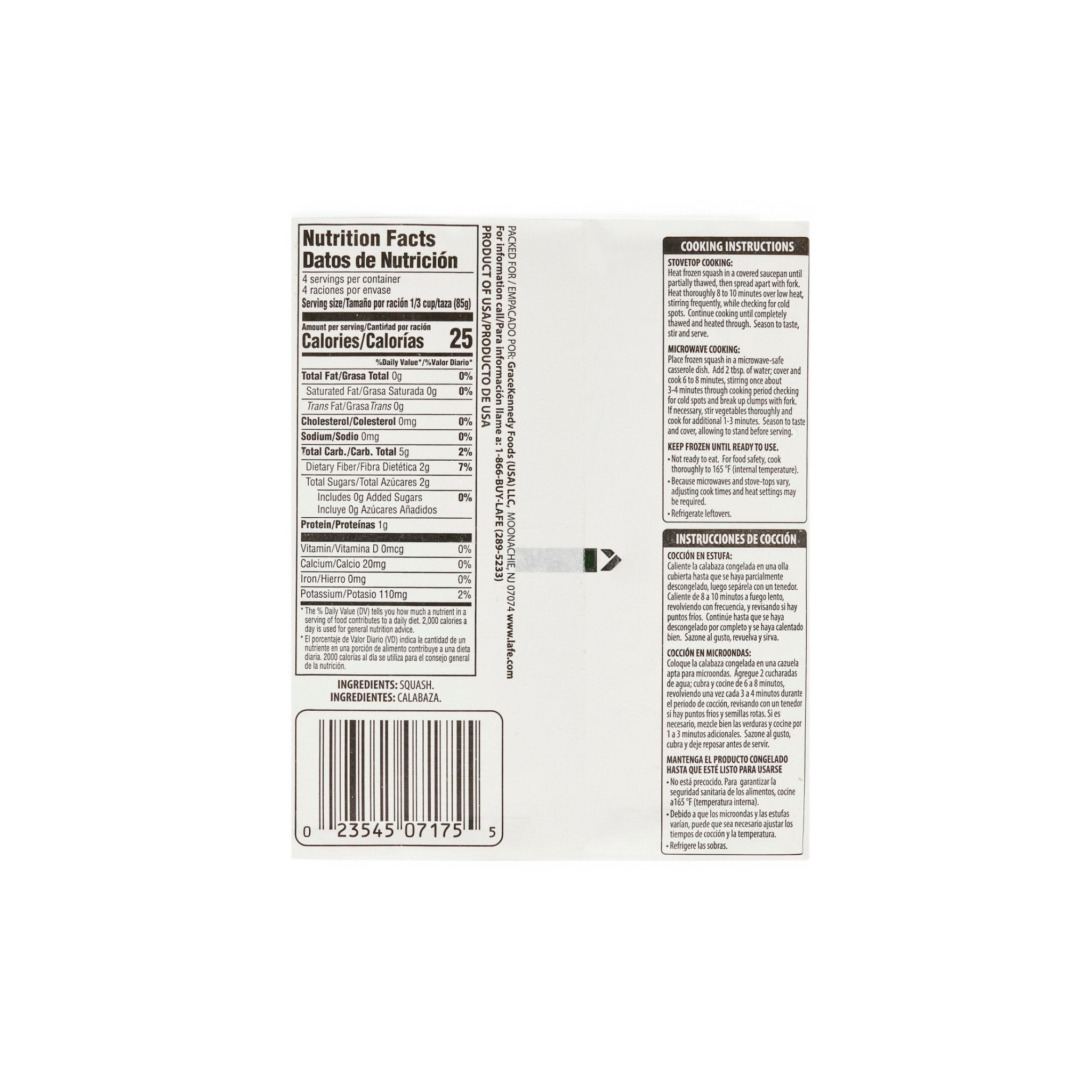 Nutrition facts and cooking instructions for LAFE Veg Squash-Box, a quality Latin food product.