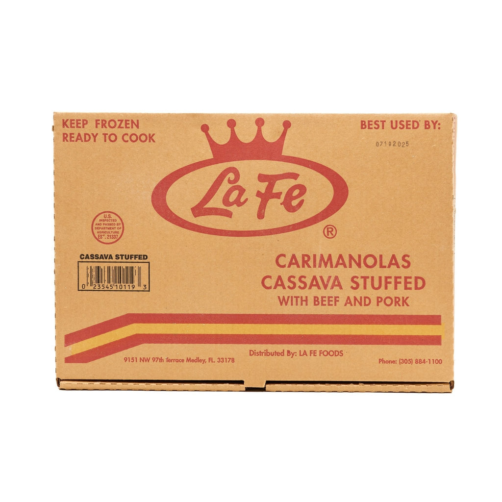 LAFE CARAMINOLA box featuring cassava stuffed with beef and pork, a quality Latin food from La Fe, perfect for frozen dining.