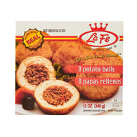 La Fe Papa Rellena 12 oz frozen meal with seasoned beef in crispy potato crust, perfect for authentic Latin flavors.