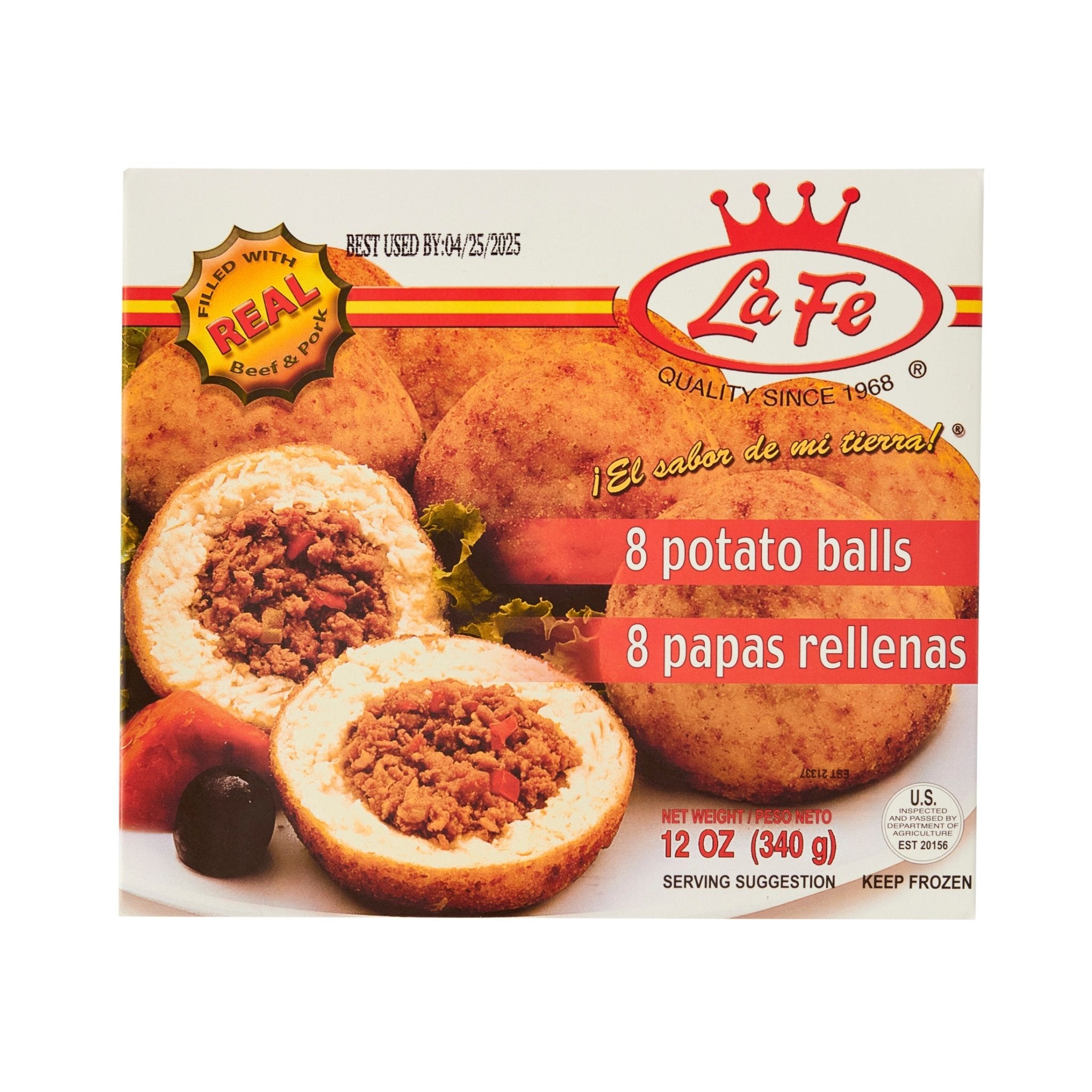 La Fe Papa Rellena 12 oz frozen meal with seasoned beef in crispy potato crust, perfect for authentic Latin flavors.