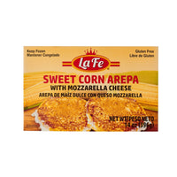 LAFE SWEET CORN AREPA with mozzarella cheese, authentic Latin food product, gluten-free frozen meal option, comida latina.