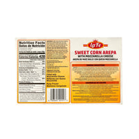 Nutrition label of La Fe Sweet Corn Arepa with Mozzarella Cheese, highlighting key nutritional facts for healthy eating.