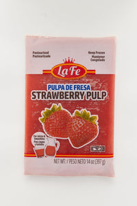 LA FE PULP STRAWBERRY 14 oz, authentic Latin food, fresh strawberry flavors, perfect for smoothies and desserts.