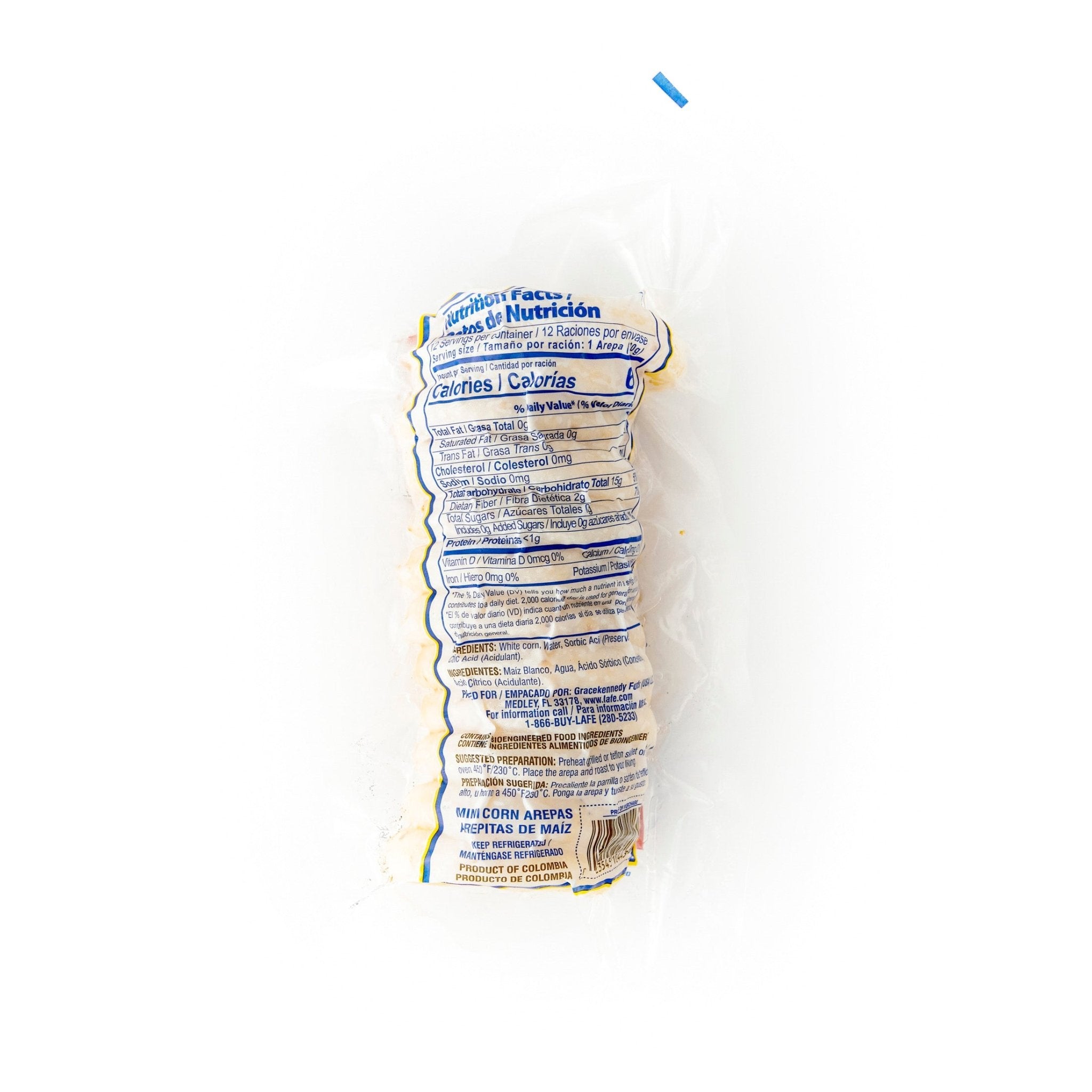 Packaging of RICAREPA AREPITAS, authentic Latin corn arepas, ideal for delicious meals, 12 units for fresh Latin food lovers.