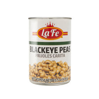 La Fe Blackeye Peas in 15.5 oz can, a quality Latin food product for nutritious meals and healthy living.