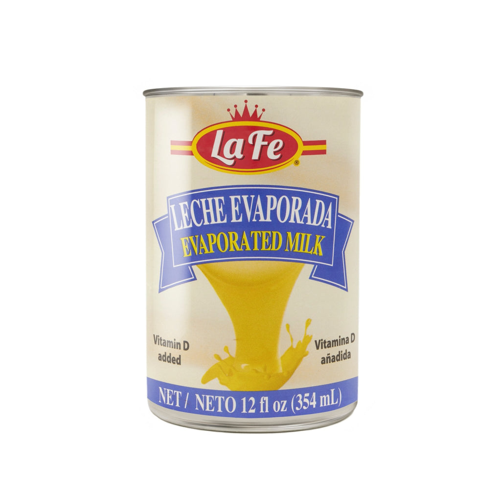 LA FE Evaporated Milk can, creamy taste, perfect for cooking and baking, quality Latin food from USA.