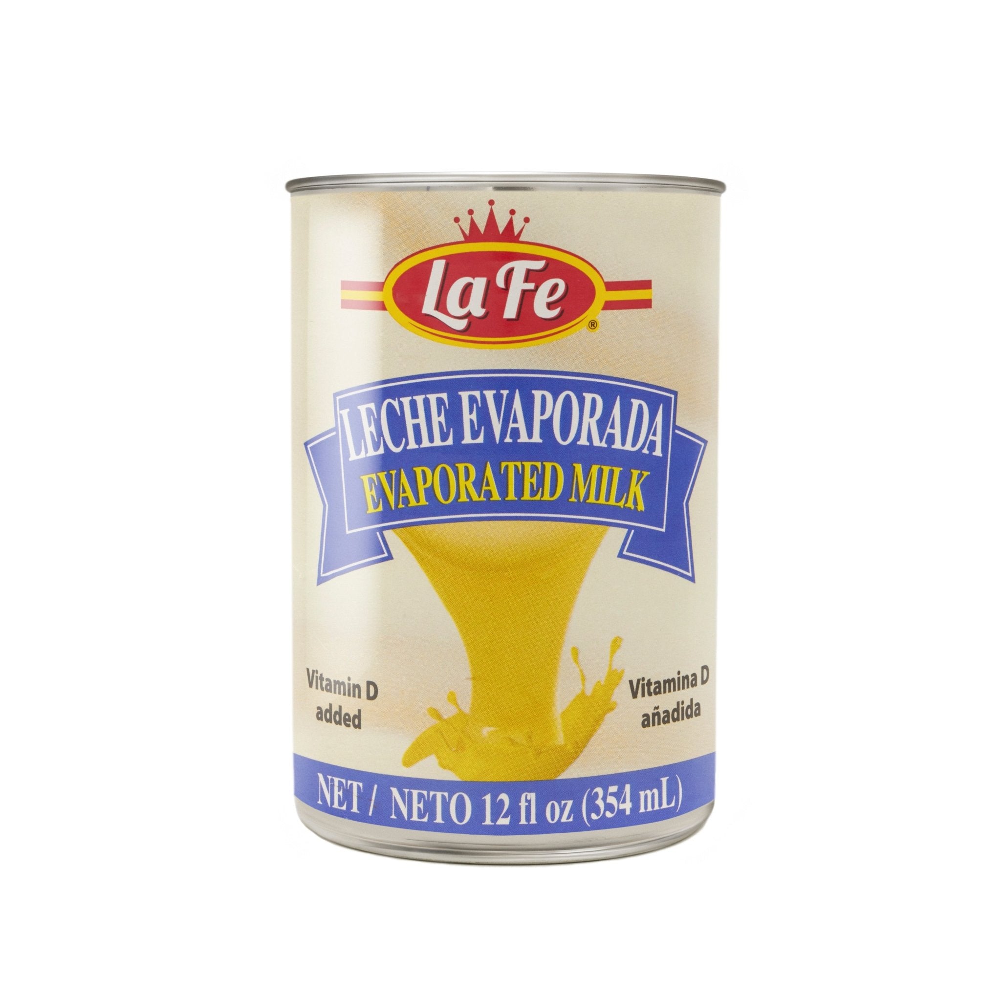 LA FE Evaporated Milk can, creamy taste, perfect for cooking and baking, quality Latin food from USA.